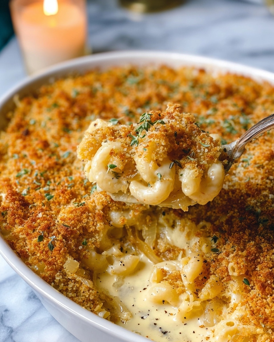 The image shows a white rectangular baking dish filled with creamy, golden-yellow macaroni and cheese that has a slightly browned top layer of melted cheese. A wooden spoon is scooping some of the macaroni and cheese, revealing a soft, creamy texture underneath the baked cheese crust. Next to the dish is a white plate with a round shape, holding a portion of the macaroni and cheese. The macaroni is coated in a thick, cheesy sauce with a slightly glossy look. There is a silver fork on the plate, partially buried in the food. The scene is set on a white marbled surface with a folded gray and white striped towel partially under the baking dish and plate, adding a simple and clean background. A small white bowl filled with a dark orange spice is also present near the plate. Photo taken with an iphone --ar 4:5 --v 7