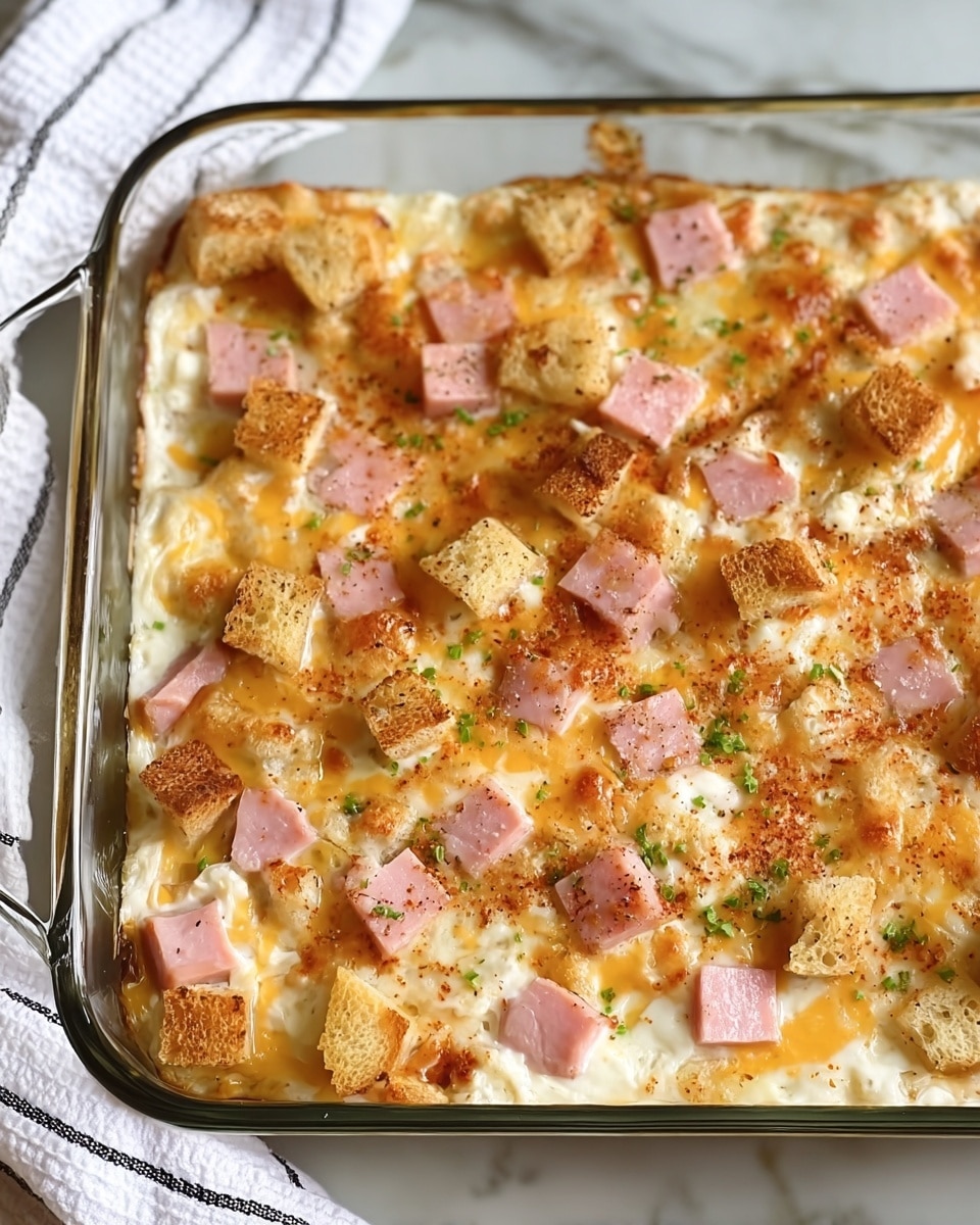 A close-up of a baked casserole in a clear glass dish placed on a white marbled surface, showing layers of golden brown toasted bread cubes scattered on top, light pink pieces of cooked ham evenly spread within, and a creamy, melted cheese mixture binding everything together. The creamy layer beneath has a slightly bubbly and smooth texture with some browned spots, giving a rich and comforting look, while small green herbs add a touch of color among the warm tones. The sides of the glass dish show the different textures pressed together, with the toasted tops slightly crisp and the inside soft and gooey. photo taken with an iphone --ar 4:5 --v 7