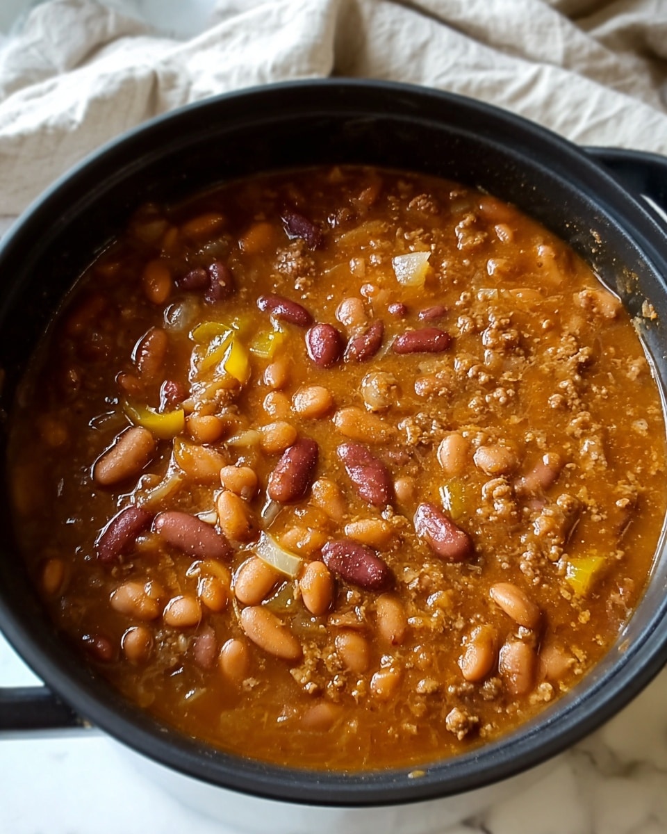The image shows a close-up view of a thick stew filled with layers of light brown sauce mixed with soft red and white beans, small pieces of pale yellow onions, and bits of green, possibly celery, scattered on the surface. The stew is inside a black pot with smooth, shiny edges, partially visible in the frame. The surface of the stew looks moist and chunky with a rich, cooked texture, and some beans appear glossy, reflecting the light gently. The background is a white marbled texture, adding a crisp contrast to the warm colors of the stew. Photo taken with an iphone --ar 4:5 --v 7
