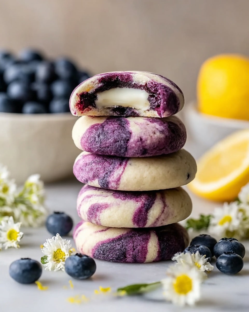 A stack of four round cookies with a marbled pattern of purple and cream colors is placed on a white marbled surface. The top cookie is broken open, showing a creamy white filling inside. Around the stack are fresh blueberries and small white and yellow flowers scattered gently. In the background, a white bowl filled with blueberries and a blurred yellow lemon add depth to the scene. The overall feel is fresh, soft, and inviting. photo taken with an iphone --ar 4:5 --v 7