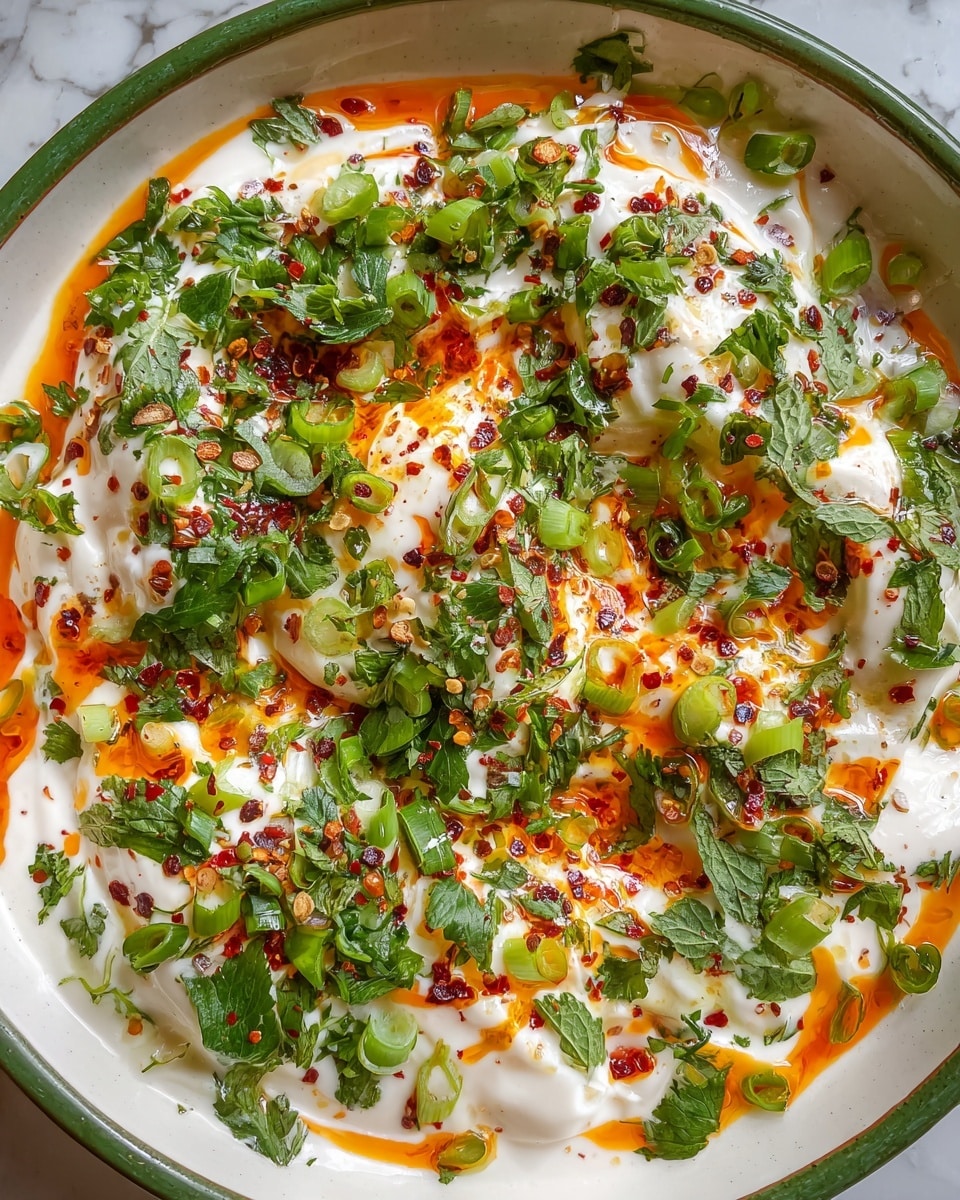 A white bowl filled with a creamy yogurt sauce that covers a few large white curd pieces, slightly folded and soft in texture. Bright orange spots of chili oil sit on the creamy surface, adding a shiny texture. The yogurt and curds are sprinkled with finely chopped green onions and cilantro, adding a fresh green color. Red chili flakes are scattered across the top, adding a speckled red contrast. The bowl has a green rim, placed on a white marbled surface. Photo taken with an iphone --ar 4:5 --v 7