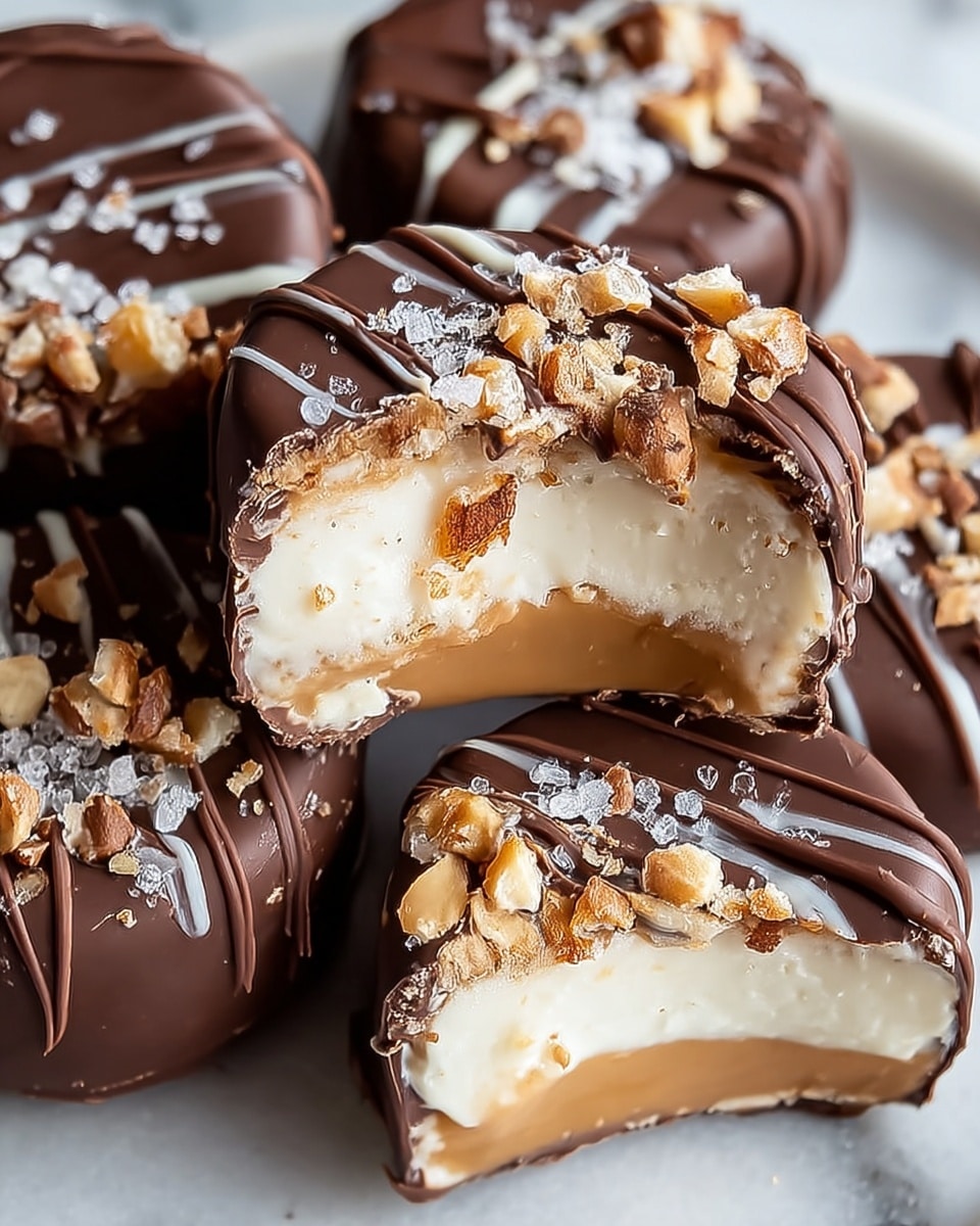 The image shows round truffles with two layers: the bottom half is a dark chocolate coating with pieces of toffee and salt flakes sprinkled on top, while the top half is a smooth light beige layer, all covered with thin dark chocolate lines drizzled over. The truffles are placed close together on a white plate, which sits on a white marbled surface. photo taken with an iphone --ar 4:5 --v 7