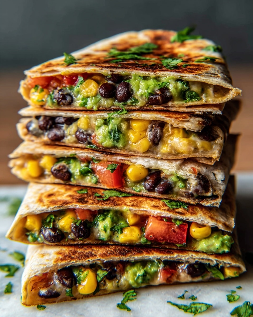 A stack of four folded quesadilla pieces rests on a white marbled surface, each quesadilla showing three layers with a warm golden-brown grilled tortilla on the outside. Inside, the first layer holds melted white cheese mixed with black beans and small bits of yellow corn, along with red onion and chopped green herbs. The second layer features a bright green creamy guacamole or avocado spread dotted with more black beans and herbs. The third layer is similar to the first with melted cheese, black beans, corn, and a touch of red bell pepper. The top quesadilla piece is garnished with extra chopped green herbs. Photo taken with an iphone --ar 4:5 --v 7