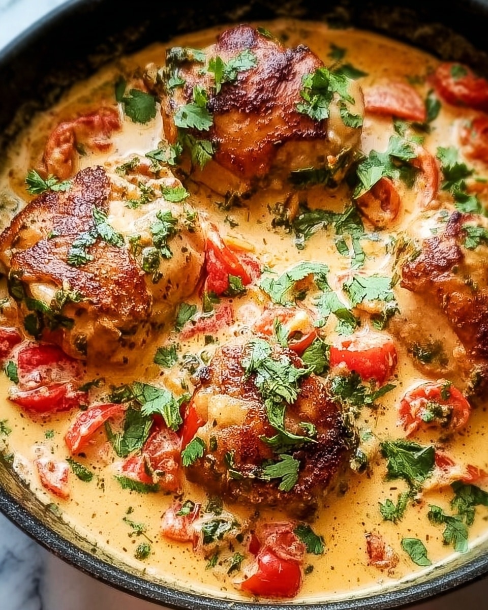Three browned chicken thighs with a crispy texture are partially submerged in a creamy, light orange sauce. The sauce has visible chunks of red tomatoes and finely chopped green herbs scattered throughout. The chicken is generously sprinkled with fresh green cilantro leaves, adding a vibrant contrast to the golden-brown meat and sauce. The dish is set against a white marbled texture that highlights the rich colors of the food. photo taken with an iphone --ar 4:5 --v 7