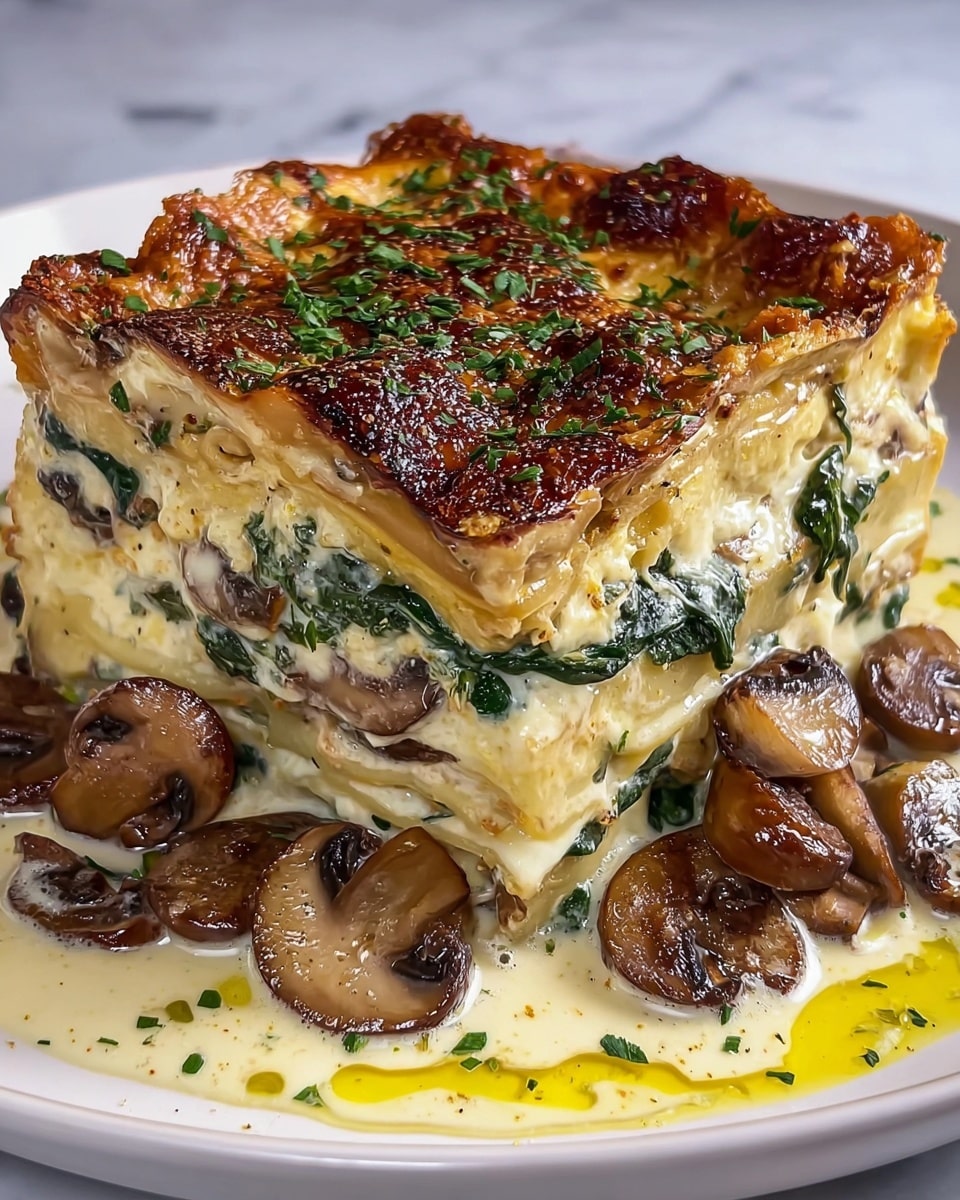 A thick square slice of lasagna is shown on a white plate with a white marbled texture background, featuring five visible layers of slightly wavy golden pasta sheets. Between the pasta layers, there are creamy off-white cheese and sauce layers, mixed with green spinach leaves and bits of brown mushrooms, giving the lasagna a rich, textured look. The top layer is golden brown with some darker caramelized spots and sprinkled with chopped green herbs. Surrounding the lasagna on the plate are sautéed brown mushroom slices in a creamy sauce with a few drops of yellow oil. Photo taken with an iphone --ar 4:5 --v 7