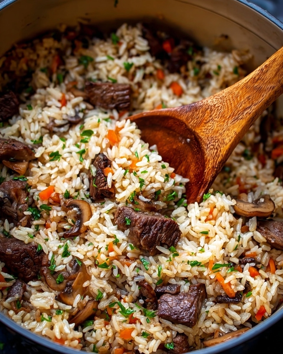 A close-up view of a pot filled with cooked rice mixed with pieces of browned beef, sliced mushrooms, and small diced carrots. The rice grains are fluffy and slightly golden, blended with small green herb bits sprinkled evenly on top. The beef chunks are dark brown with a slightly crispy texture, and the mushrooms are a soft warm brown with a slight gloss. A wooden spoon is resting inside, scooping the mixture, and the pot has a smooth inner surface. The overall image has warm, inviting colors and a textured look of a mixed rice dish. photo taken with an iphone --ar 4:5 --v 7