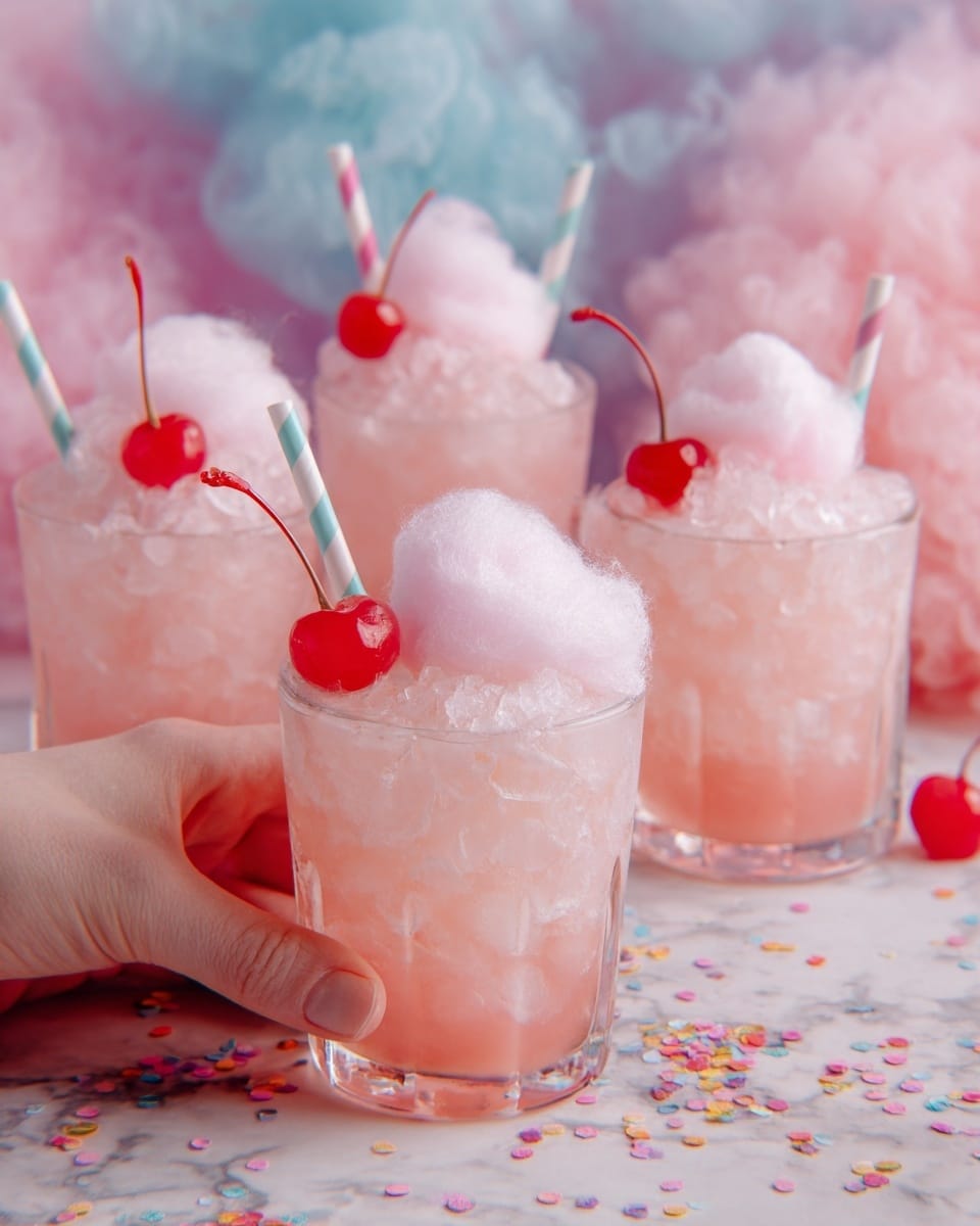 The image shows five clear glasses filled with a light pink, icy drink topped with crushed ice and small red cherries. Each glass has a colorful cocktail stick with a cherry on top, and one glass is being held by a woman's hand from the left side. The background features a white marbled texture scattered with small, colorful confetti pieces. The drinks look refreshing and festive, with the clear glass showing the crushed ice and the light pink liquid inside. photo taken with an iphone --ar 4:5 --v 7