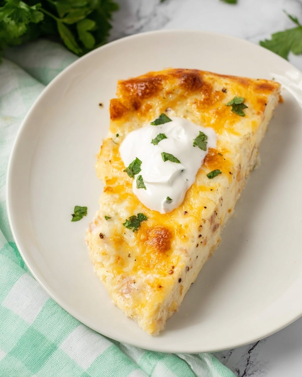 A white rectangular baking dish holds a baked layered dish with a golden-brown melted cheese top sprinkled with small green herb pieces. The top layer is creamy and bubbly, showing slight browning around the edges. Beneath the cheese, soft light beige flat layers, likely tortillas or pasta, can be seen touching the sides. The dish rests on a white marbled surface with fresh green herb sprigs to the left and a small bowl of white sour cream or cream on the upper right side. A light blue and white checkered cloth is partially visible in the bottom left corner. Photo taken with an iphone --ar 4:5 --v 7