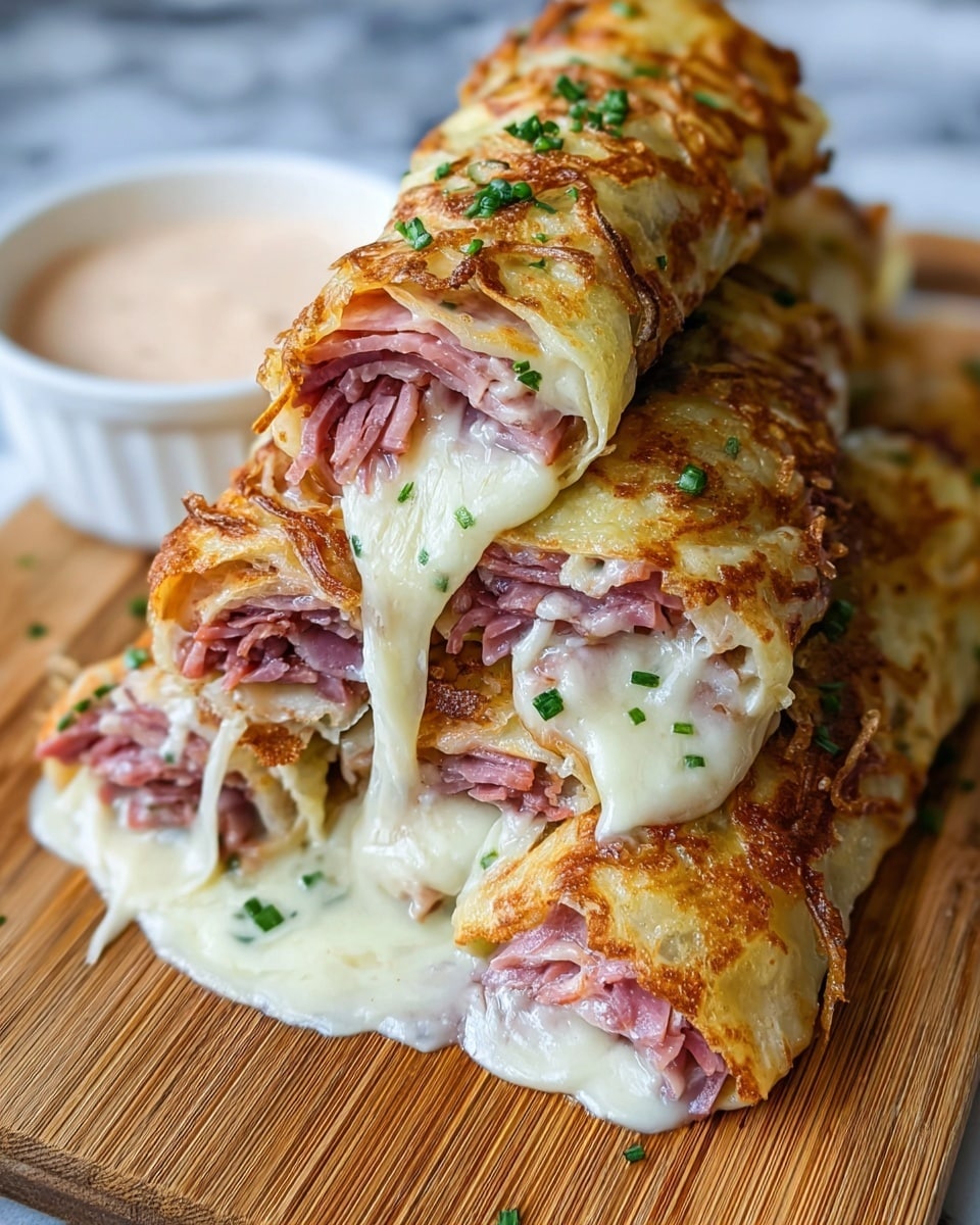 The image shows a stack of four rolls placed on a wooden board. Each roll has a crispy, golden-brown outer layer of melted cheese, with some bits curled up at the edges. Inside, there is a thick filling of finely sliced pink meat. Creamy white sauce is dripping out from the open ends of the rolls. Small chopped green herbs are sprinkled on top and around the rolls for decoration. At the back, there is a white bowl filled with a light pink dipping sauce. The background has a white marbled texture. photo taken with an iphone --ar 4:5 --v 7