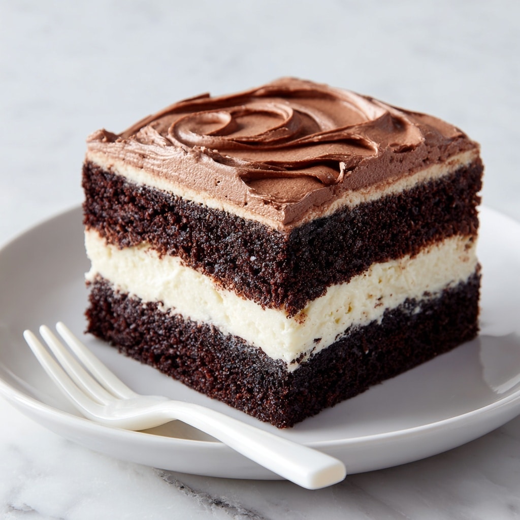 The image shows a square chocolate layer cake with three layers, placed on a white plate over a white marbled surface. The bottom layer is a dark, moist chocolate cake, followed by a thick middle layer of creamy off-white filling that appears smooth and soft. The top layer is another dark chocolate cake, topped with a thick, swirled layer of light brown chocolate frosting that looks fluffy and glossy. A square piece has been cut from the front right corner, revealing the distinct layers clearly. A white plastic fork is placed beside the cake on the left side. The photo taken with an iphone --ar 4:5 --v 7