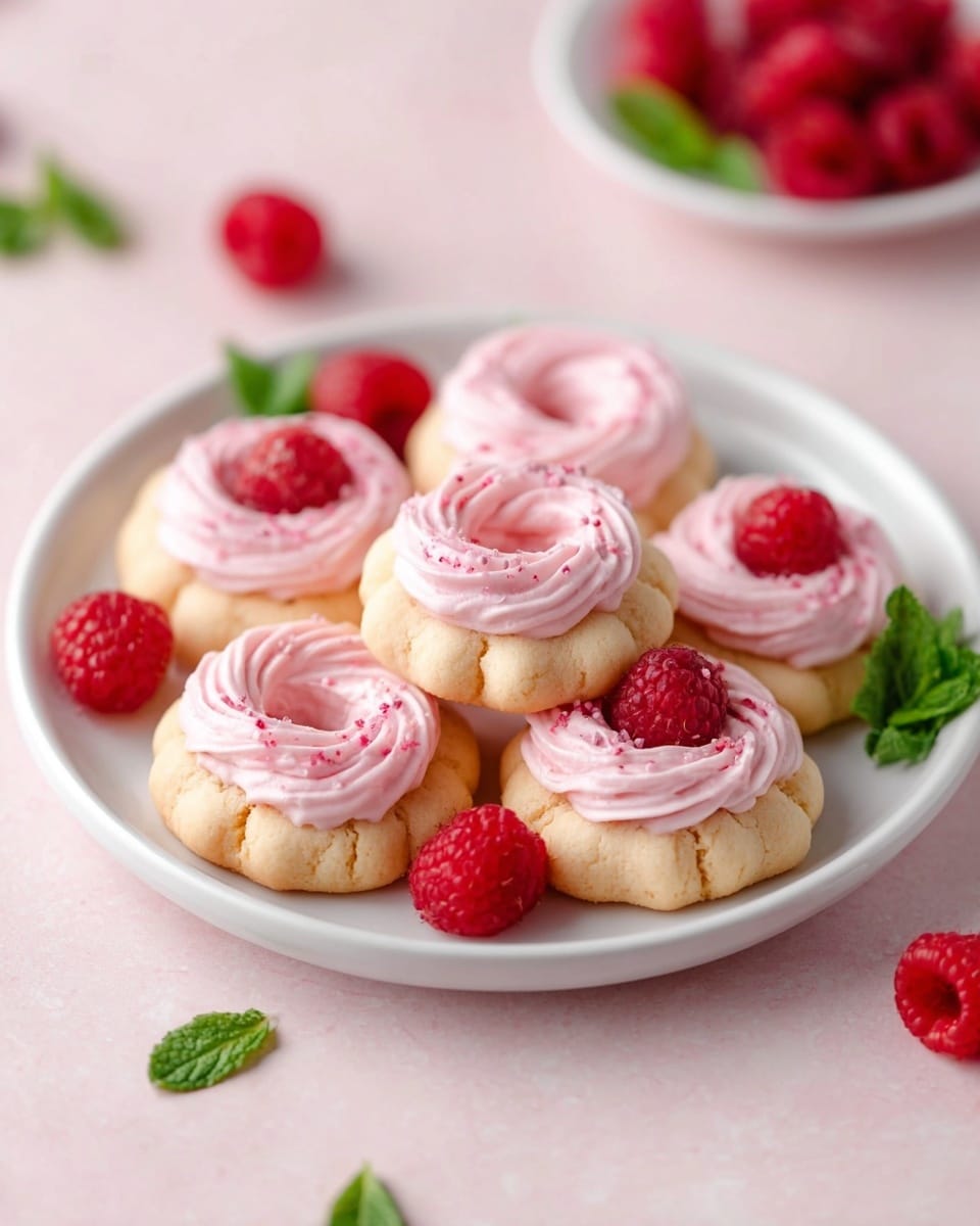 The image shows a white plate on a white marbled surface filled with six round cookies. Each cookie has a light golden base with six soft segments forming a ring shape, topped with a smooth swirl of pink cream that has tiny red specks on it. Fresh red raspberries and small green mint leaves are scattered around the cookies and plate, adding bright color contrast against the soft pink background. The overall look is fresh and sweet, with a mix of smooth and textured layers making the cookies look very inviting. Photo taken with an iphone --ar 4:5 --v 7