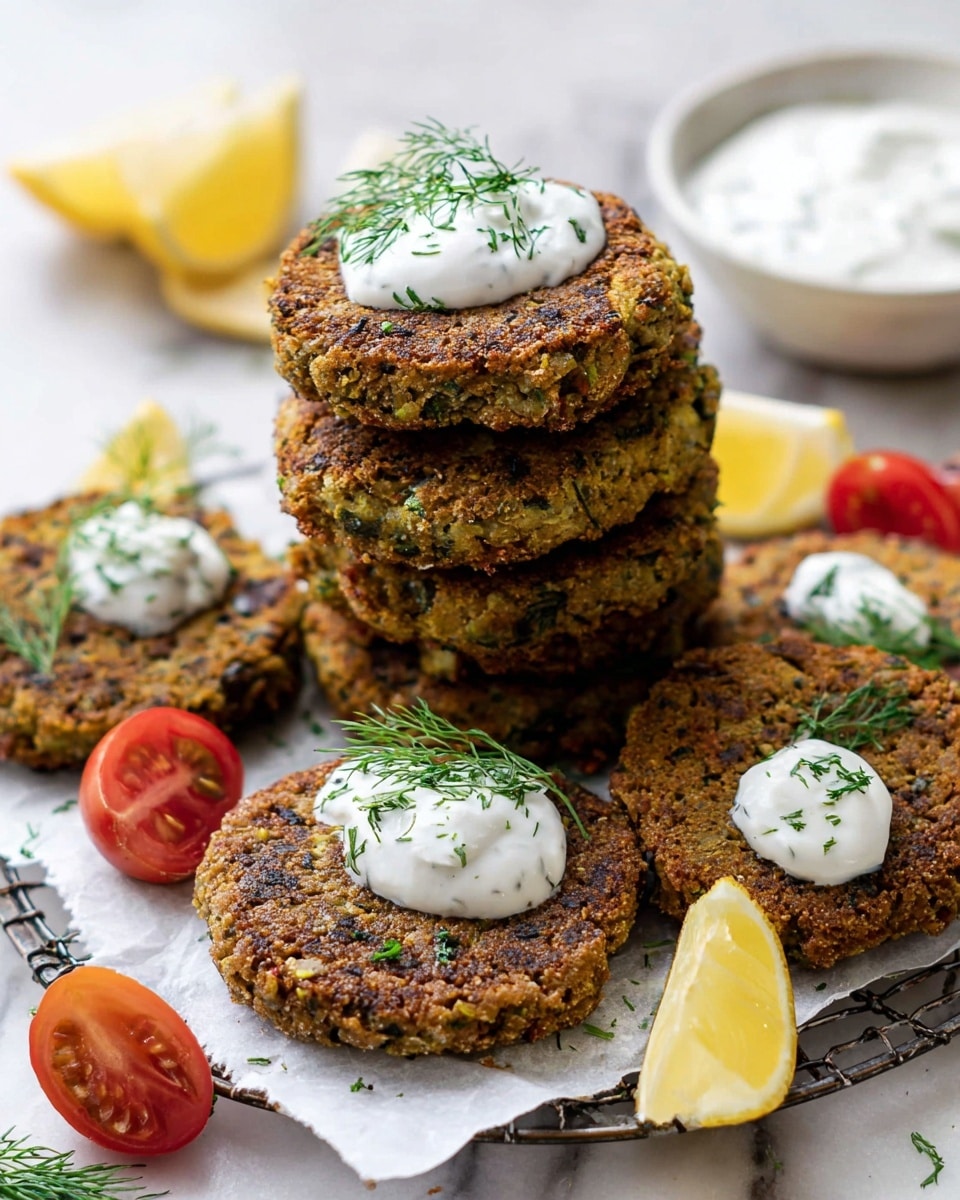 A stack of six brown and green falafel patties with a rough, crispy texture sit on a white parchment-lined wire rack on a white marbled surface. Three of the patties are topped with dollops of white yogurt sauce sprinkled with finely chopped green herbs. Bright yellow lemon wedges and sprigs of fresh dill are placed around the falafel. Halved red and green cherry tomatoes add a pop of color nearby, and a small white bowl filled with more white yogurt sauce is visible in the background. photo taken with an iphone --ar 4:5 --v 7