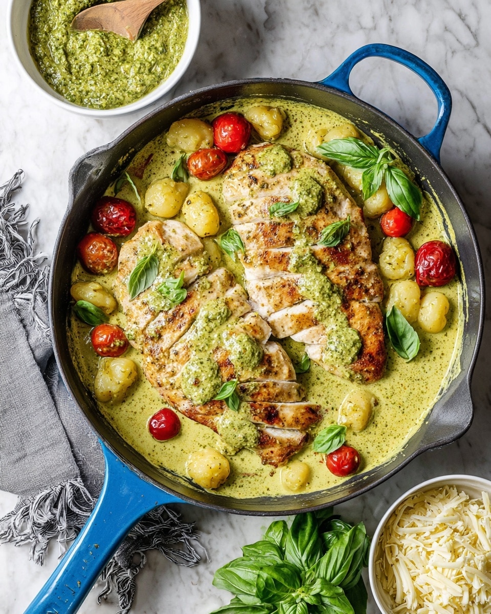 A silver pan filled with creamy green sauce coated chicken breasts laying on top of soft white gnocchi and bright red grape tomatoes scattered throughout; the green sauce has specks of herbs and is thick, covering most of the ingredients. Fresh green basil leaves are placed on top of the chicken and sauce for garnish, and some black pepper is sprinkled over everything. The pan rests on a white marbled surface. photo taken with an iphone --ar 4:5 --v 7