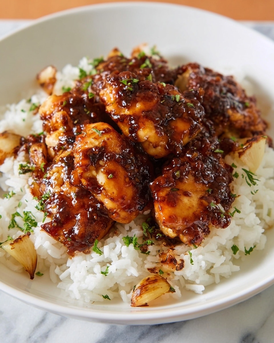A white plate with a large base layer of fluffy white rice topped with a generous amount of glazed, browned chicken pieces. The chicken is richly coated in a shiny, dark reddish-brown sauce with visible textures of herbs and small garlic slices scattered on top. The rice looks soft and slightly sticky, with green parsley flakes sprinkled over both the chicken and rice. The dish sits on a white marbled surface with a small green plant blurred in the background. Photo taken with an iphone --ar 4:5 --v 7