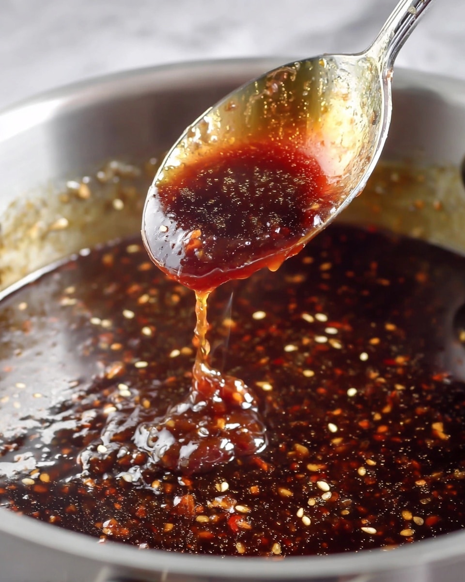 A close-up shot of a thick, dark sauce with a glossy texture, containing visible sesame seeds and small bits of spices. The sauce has rich brown and reddish tones with a slight shine from the oil. A metal spoon is lifting some of the sauce, showing its sticky, syrupy consistency as a drop falls back into a large silver pot. The background is out of focus with the pot rim just visible, all set on a white marbled texture. photo taken with an iphone --ar 4:5 --v 7