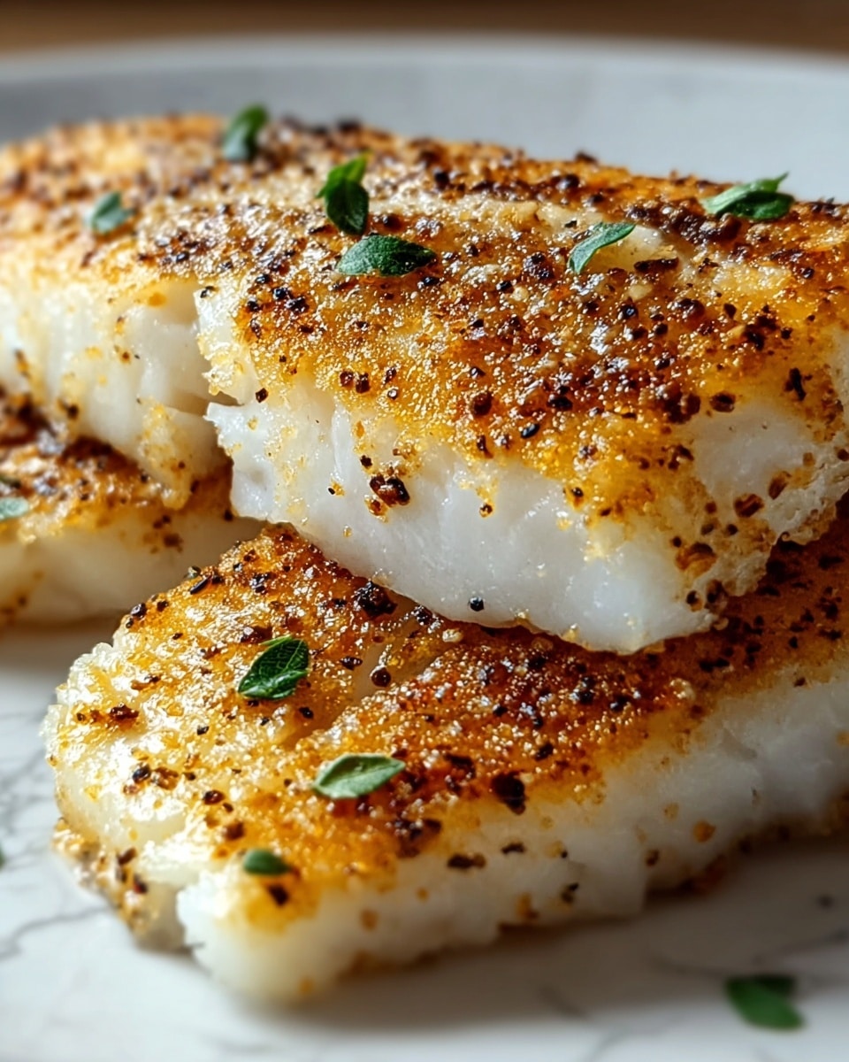 Two pieces of golden-brown pan-seared white fish fillets with a slightly crispy, seasoned crust on top, showing specks of black pepper and green herb bits. The fish is placed on a simple white plate with lemon wedges blurred in the background. The surface beneath the plate has a white marbled texture. photo taken with an iphone --ar 4:5 --v 7