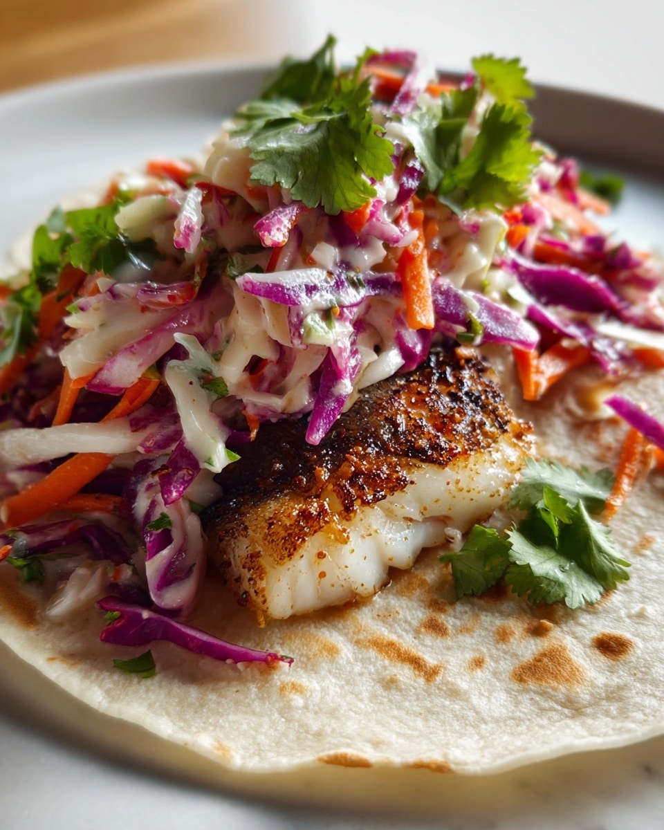 A close-up view of a fish taco resting on a soft, light beige corn tortilla placed on a white plate, all set on a white marbled surface. The taco has three visible layers: the bottom layer is the warm tortilla with slight brown spots, the middle layer is a piece of grilled fish with a golden-brown, crispy outer texture and soft white inside, and the top layer is a colorful coleslaw made of thin strips of purple cabbage, orange carrot, and fresh green cilantro leaves mixed with a creamy white sauce. Some cilantro leaves and bits of coleslaw are scattered around the tortilla edges. Photo taken with an iphone --ar 4:5 --v 7