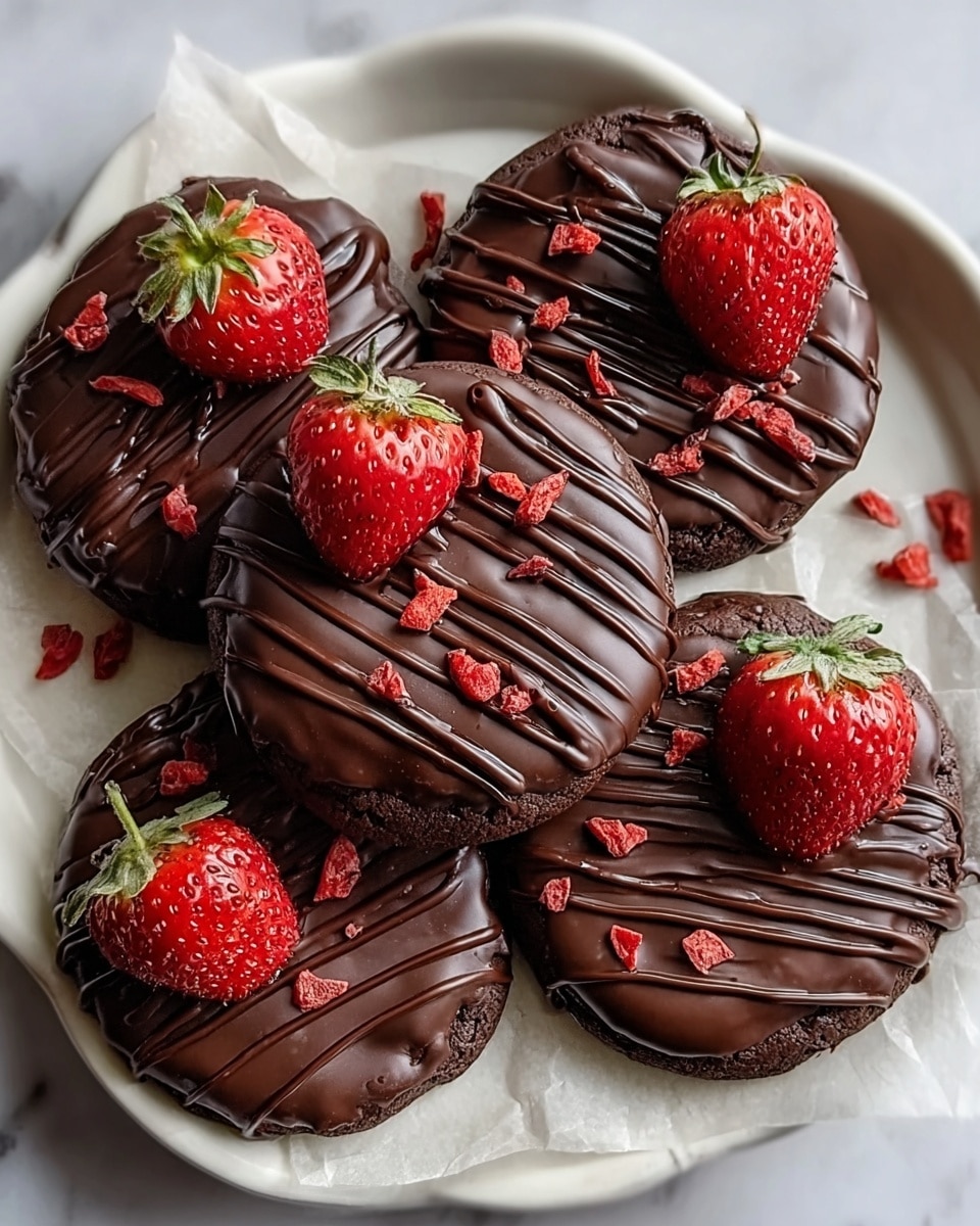 A white rectangular plate holds four thick chocolate cookies, each topped with a smooth, glossy layer of dark chocolate that is drizzled with thin lines of extra dark chocolate. Small pieces of bright red strawberry are embedded within the glossy chocolate topping of each cookie, adding a splash of color against the dark brown and black hues of the cookie base. Fresh whole strawberries with green leaves are scattered around the cookies on the plate, creating a fresh and vibrant contrast. The plate sits on a white marbled surface, enhancing the rich colors of the dessert. Photo taken with an iphone --ar 4:5 --v 7