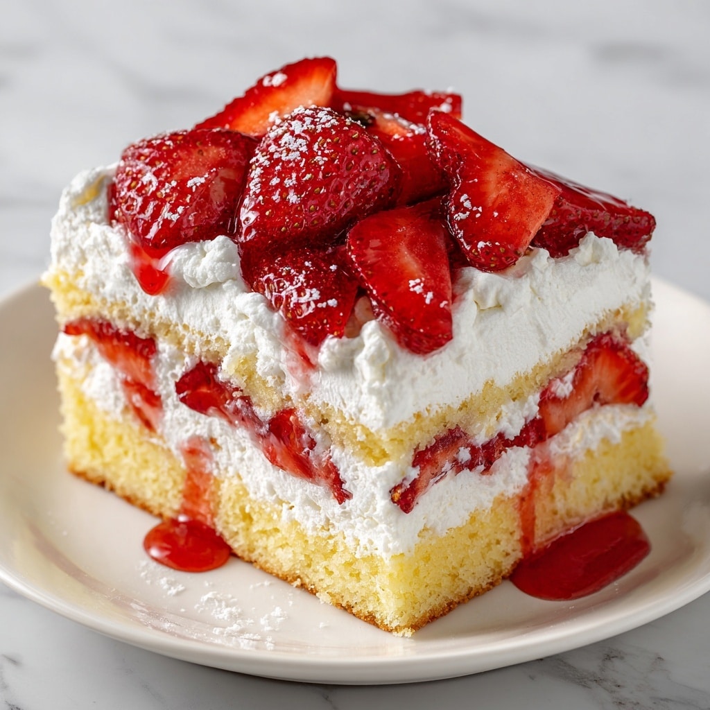 A square slice of strawberry shortcake sits on a white plate over a white marbled surface. The cake has three main layers: a bottom layer of light, fluffy yellow sponge cake, a middle layer of thick white whipped cream mixed with slices of fresh red strawberries, and a top layer of more sponge cake covered with a thick fluffy layer of whipped cream topped with glossy, sliced strawberries dripping with shiny red strawberry syrup that also pools slightly on the plate. photo taken with an iphone --ar 4:5 --v 7