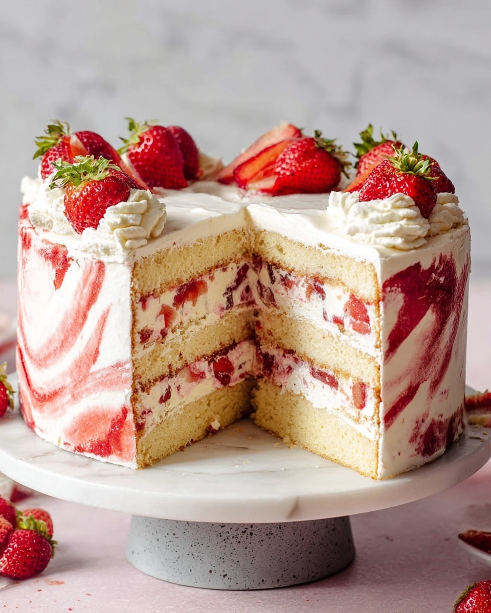A round cake with a smooth white cream frosting swirled with thin red strawberry sauce creating a spiral pattern on top. Around the top edge, six halved fresh strawberries with green leaves are neatly placed in a curved line. The cake sides are evenly covered with the same white cream frosting mixed lightly with red strawberry sauce, giving a soft marbled look. The cake sits on a white plate with a white marbled surface background. photo taken with an iphone --ar 4:5 --v 7
