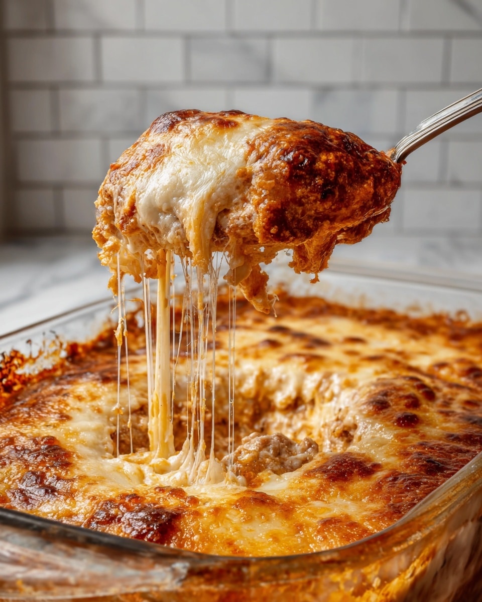 A close-up view of a cheesy baked dish being lifted out of a clear glass dish with a spoon. The dish has two main layers visible: the top layer is a thick, golden-brown melted cheese crust, which is bubbly with spots of darker brown, and the bottom layer is a mix of melted cheese and a reddish-orange sauce that looks rich and creamy. Long, stretchy strands of cheese pull from the dish as the spoon lifts the portion. The background features a white marbled surface and light gray subway tiles on the wall. photo taken with an iphone --ar 4:5 --v 7
