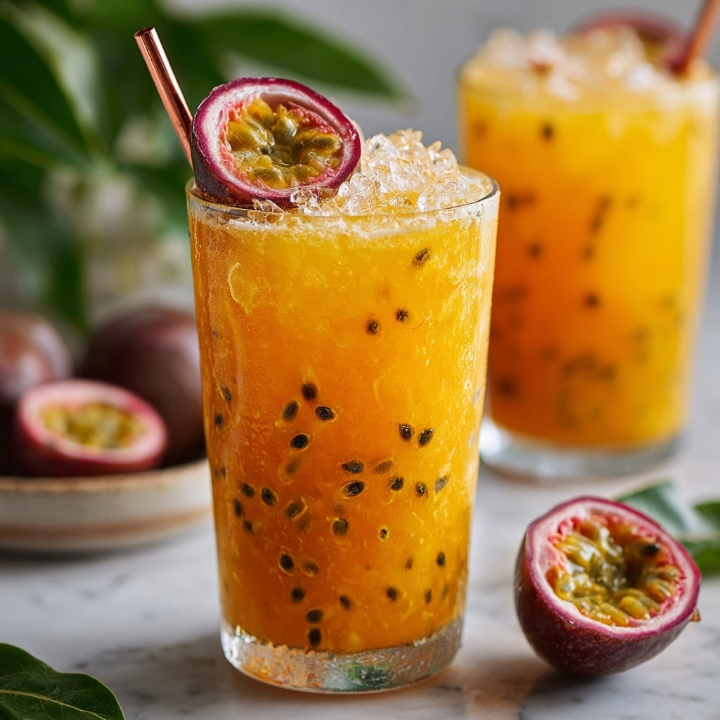 A clear glass filled with a vibrant orange passion fruit drink layered with visible chunks of yellow passion fruit pulp and small black seeds floating near the top, plus clear ice cubes throughout; the rim is decorated with half a passion fruit showing its juicy yellow interior, and a brown reusable straw is inserted into the glass. In front of the glass, there is a whole purple passion fruit with green leaves lying on a white marbled surface. Two more similar glasses blurred in the background add depth to the scene. photo taken with an iphone --ar 4:5 --v 7
