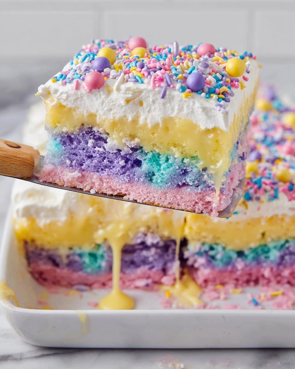 The image shows a colorful slice of cake being held by a cake server with a wooden handle over a white marbled surface. The cake has three visible layers: the bottom layer is a mix of purple, blue, and pink sponge with a soft, slightly crumbly texture; the middle layer is a smooth, thick yellow custard that slightly drips down into the sponge layer; the top layer is white whipped cream topped with bright, multicolored sprinkles in shapes like balls, rods, and flowers. The cake is in a white dish that also has sprinkles scattered on the whipped cream layer. photo taken with an iphone --ar 4:5 --v 7