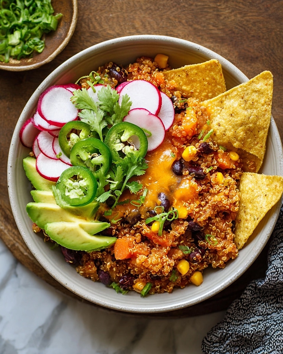 A black baking dish filled with a layered casserole showing about four layers: the bottom layer is a mix of cooked quinoa, black beans, corn, and diced red and yellow bell peppers with a grainy and colorful texture; above that is a melted cheese layer in white and light orange shades, gooey with some stringy cheese pulled up by a wooden spoon; the top layer is fresh garnishes spread across one side, including sliced radishes in light pink with white centers, cubed green avocado, sliced green jalapeños, green cilantro leaves, and chopped green onions. The dish is set on a white marbled surface with a clear drinking glass holding a lime wedge, a small black bowl filled with chopped green onions, a small white bowl with sour cream, a white bowl of tortilla chips, and a stack of dark plates with a fork and knife. photo taken with an iphone --ar 4:5 --v 7