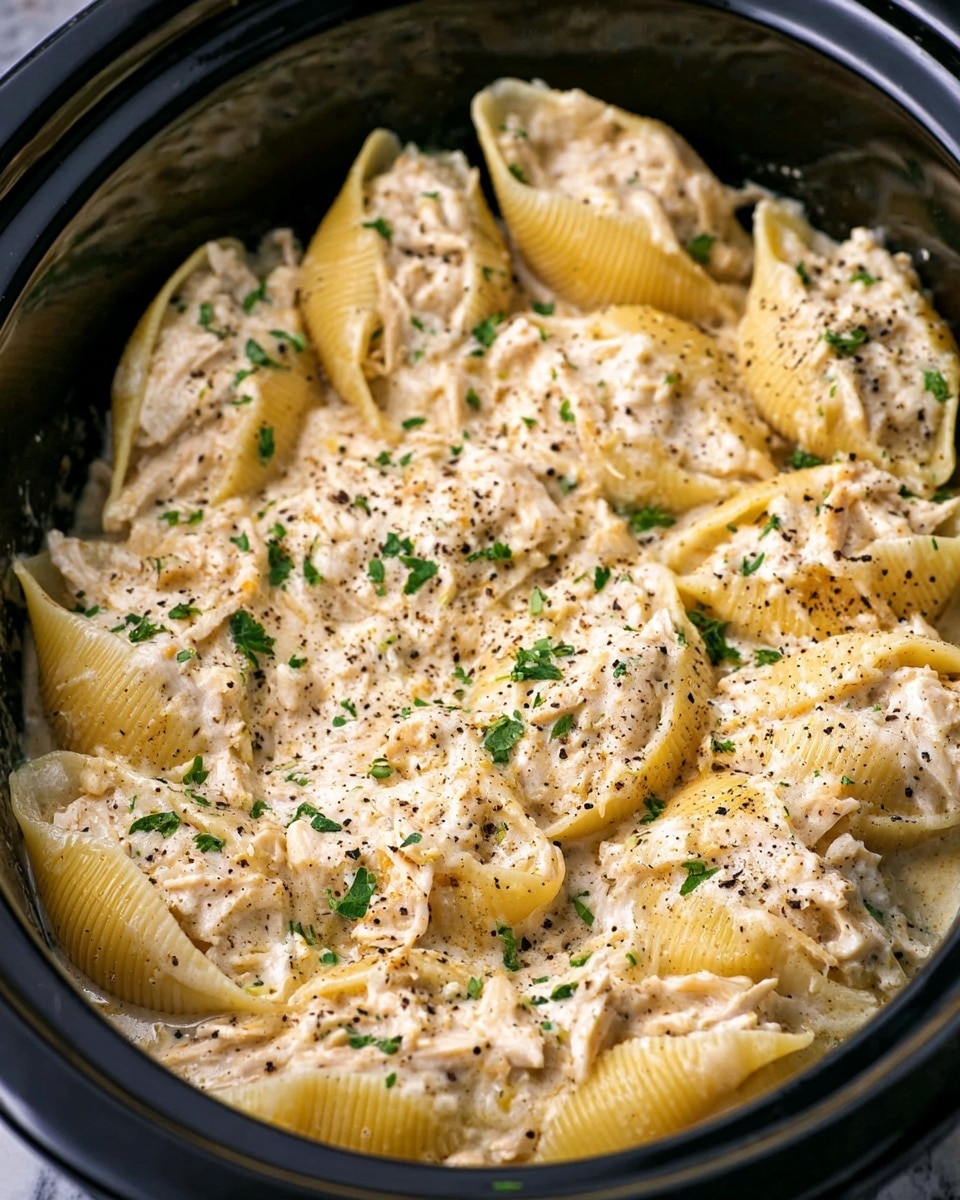 A white marbled background holds a black slow cooker filled with three raw chicken breasts on the left and a group of uncooked yellow shell pasta on the right. A woman's hand is pouring a creamy white sauce speckled with herbs and small bits onto the chicken, the sauce flowing thickly from a clear glass measuring cup with red markings. The contrast between the raw pink meat, pale yellow pasta, and spotted sauce creates a rich and fresh visual mix. photo taken with an iphone --ar 4:5 --v 7