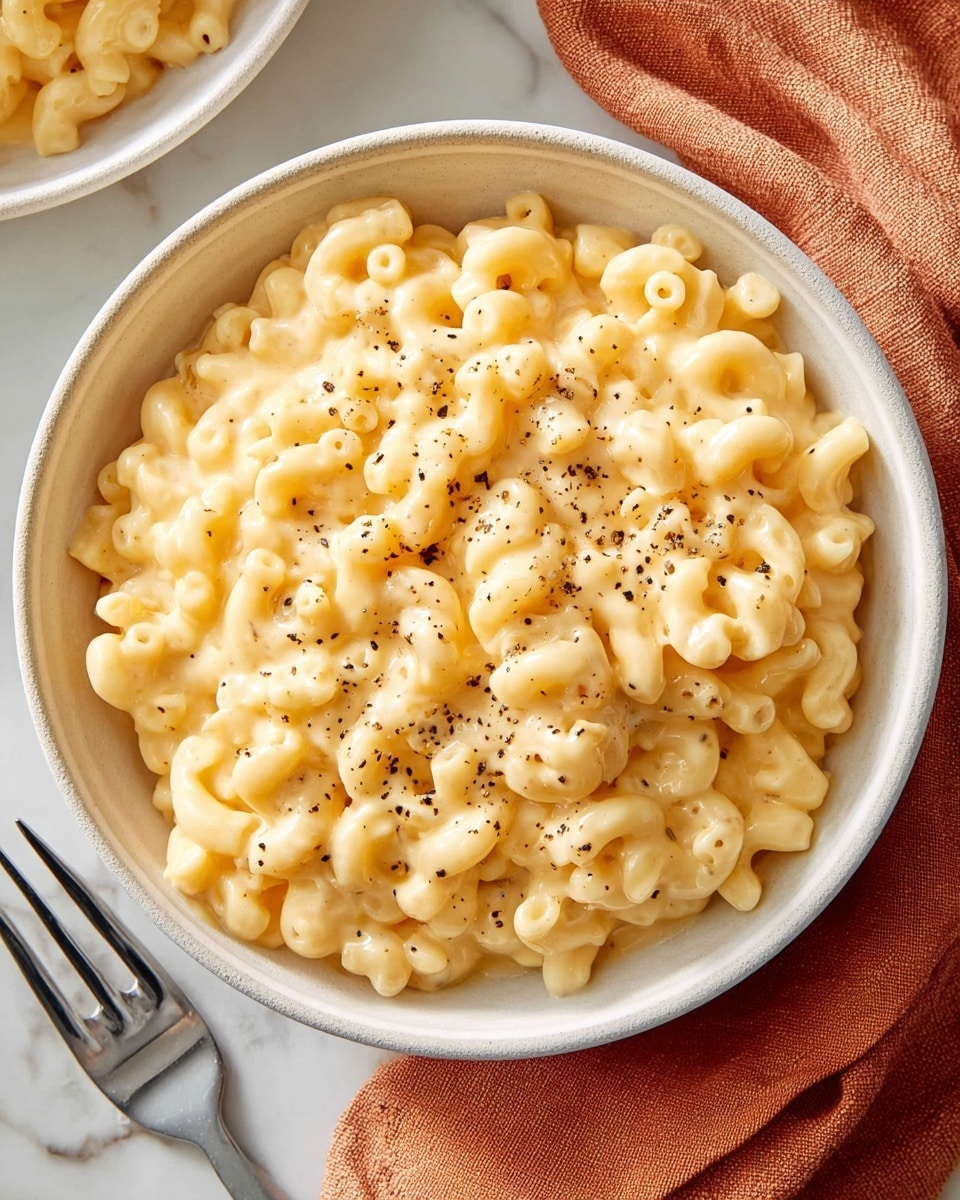 Two white bowls filled with creamy, pale yellow macaroni and cheese with visible small black pepper specks sprinkled on top. One bowl is in the front, close to the camera, with a silver fork lifting a curled macaroni piece from the bowl, held by a woman's hand. The second bowl is placed slightly behind and to the left. The bowls sit on a white marbled surface with a peach-colored cloth napkin partially visible in the bottom left corner and a wooden pepper shaker in the background. The lighting is soft and natural, highlighting the smooth and creamy texture of the pasta. photo taken with an iphone --ar 4:5 --v 7