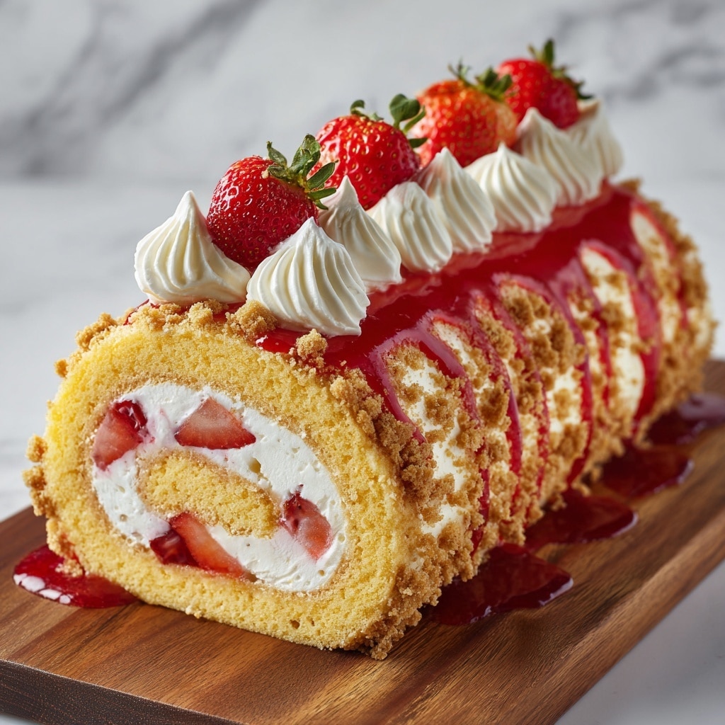 A strawberry roll cake with three visible layers: a soft light yellow sponge cake rolled around a white cream filling mixed with pieces of red strawberries, topped with a drizzle of bright red strawberry sauce and crumbled golden crumbs covering the top and sides. On top, a row of thick white whipped cream contrasting with fresh halved strawberries sits along the roll, all presented on a white plate with red sauce dripping onto a white marbled surface. Photo taken with an iphone --ar 4:5 --v 7