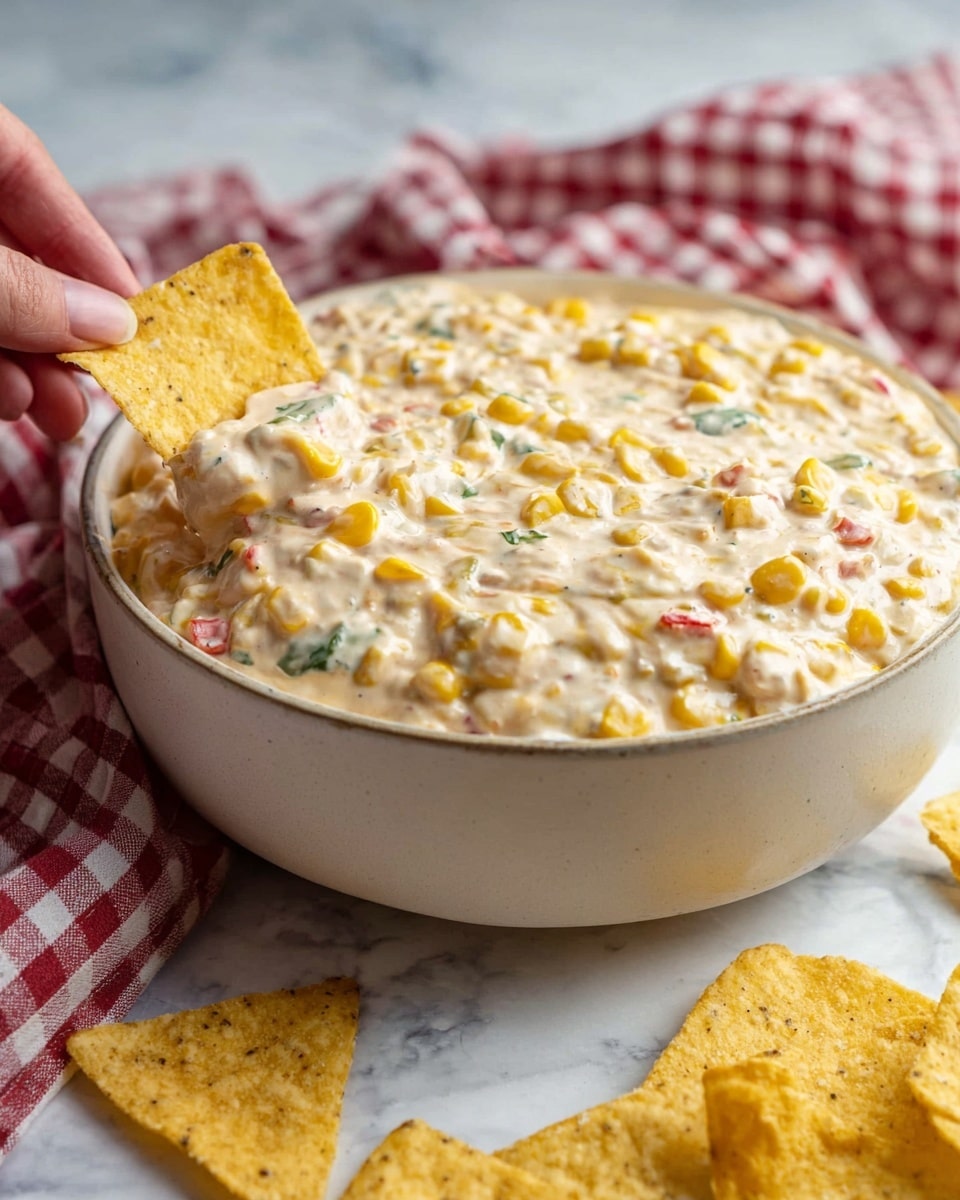 A close-up top view of a white bowl filled with a creamy dip made of three main layers blended together: bright yellow corn kernels, small green onion pieces, and diced red tomatoes, all mixed in a smooth light creamy base with some black pepper specks. The bowl sits on a white marbled surface and is surrounded by scattered light yellow tortilla chips. A red and white checkered cloth is partially visible at the top. photo taken with an iphone --ar 4:5 --v 7