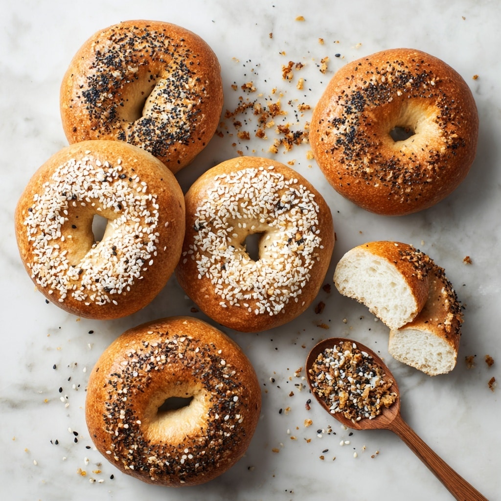 The image shows six golden brown bagels on a white marbled surface. Four of the bagels are topped with a mix of white sesame seeds, black sesame seeds, and dried onion flakes, giving them a textured, crunchy look with speckles of black and white on top. One bagel has only white sesame seeds sprinkled all over, while another plain bagel has a smooth golden crust without any toppings. One of the seeded bagels is cut into quarters, displaying its soft, light cream-colored inside. To the right, a wooden spoon holds additional mixed seeds and flakes, some scattered around it. Photo taken with an iphone --ar 4:5 --v 7