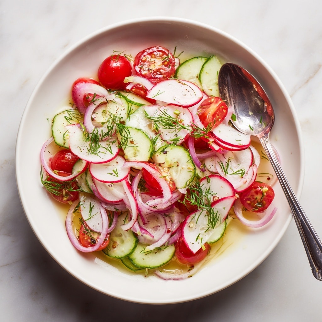 A white bowl holds a fresh vegetable salad with many thin red and white radish slices layered over light green cucumber slices and halved red cherry tomatoes. Thin rings of pale purple onion are spread on top, and small green dill sprigs are scattered across the salad. The vegetables sit in a light pink liquid at the bottom of the bowl. Two silver spoons rest inside the bowl, one on each side. The bowl is on a white marbled surface with a white cloth and stacked white plates nearby. photo taken with an iphone --ar 4:5 --v 7