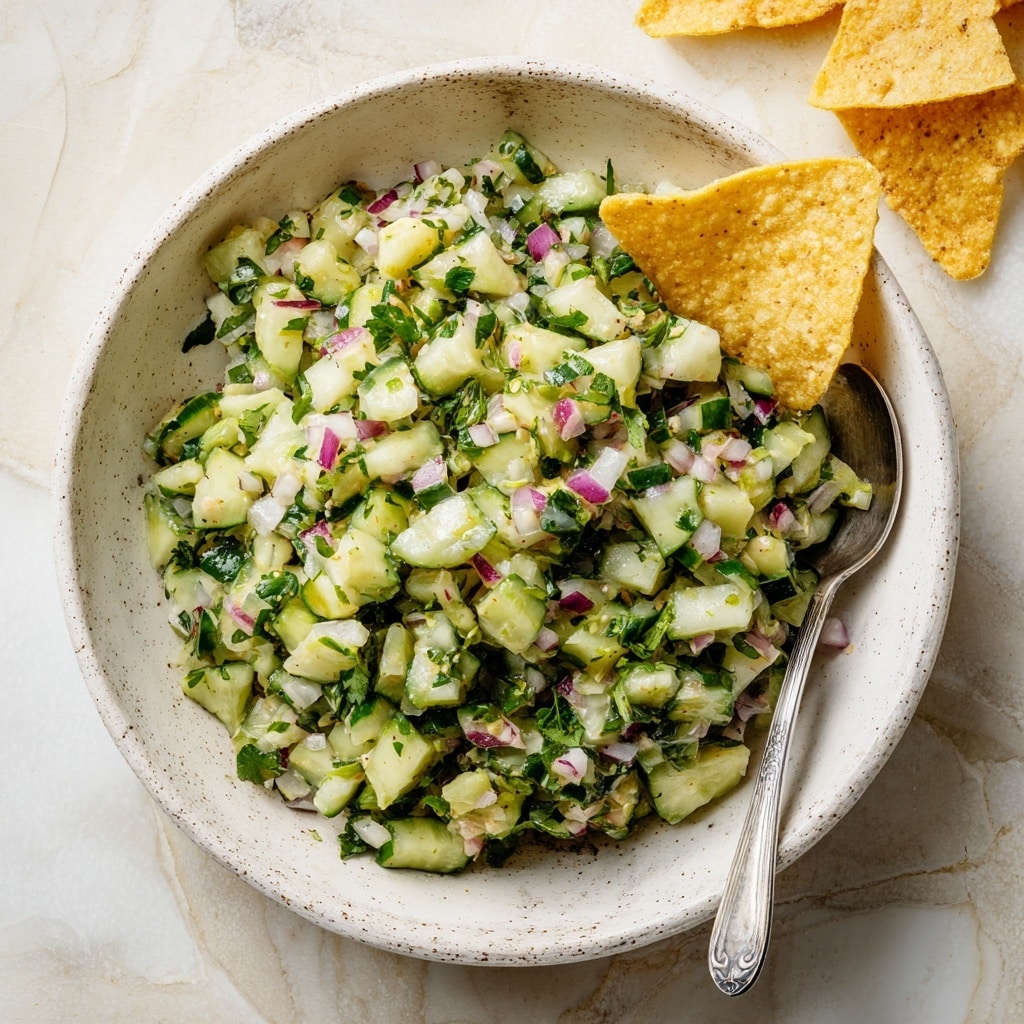 A white bowl filled with a fresh cucumber salad sits on a white marbled surface. The salad has two main layers visible: the base is light green cucumber chunks with a firm, slightly translucent texture, and the top layer is a mix of small, chopped red onions and green herbs that add splashes of deep purple and vibrant green. A silver spoon is partly submerged into the salad on the right side of the bowl. Some light beige tortilla chips are placed near the top right corner, adding a crunchy contrast. Photo taken with an iphone --ar 4:5 --v 7