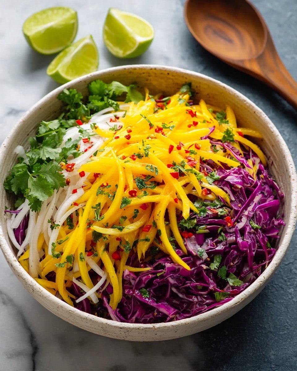 A bowl filled with a colorful mango salad featuring three main layers: bright yellow mango strips on top, mixed with thin purple cabbage strips and white onion slices beneath, all evenly scattered with green chopped herbs and small bits of red chili pepper. A fresh lime wedge rests on the edge of the bowl, adding a bright green contrast. The texture shows crisp and fresh vegetables with a glossy, lightly dressed appearance, all presented in a white bowl set on a white marbled surface. photo taken with an iphone --ar 4:5 --v 7