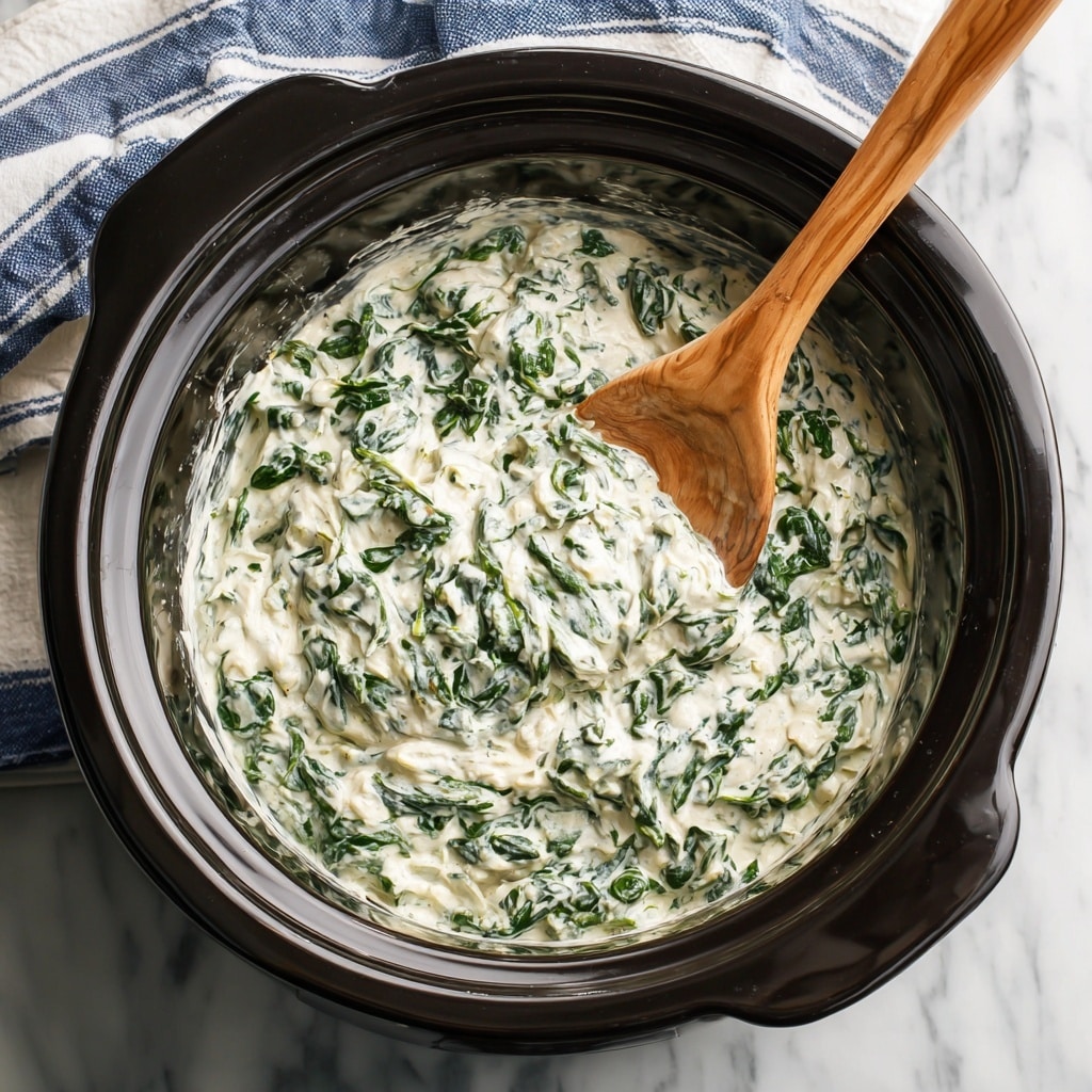 A close-up image showing a woman's hand holding a triangular tortilla chip dipped into a bowl of creamy spinach and cheese dip. The dip has a thick, chunky texture with visible pieces of dark green spinach mixed throughout the light, creamy cheese base, with a few melted cheese strings stretching from the bowl to the chip. The white bowl is full and surrounded by additional tortilla chips scattered on a white marbled surface. The overall color palette includes light beige from the chips and creamy white mixed with green from the dip. Photo taken with an iphone --ar 4:5 --v 7