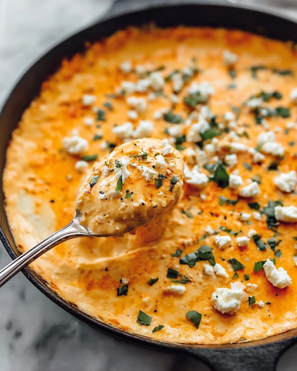 A close-up view of a creamy cheese dip in a black round pan placed on a white marbled surface. The dip is a single thick layer with a golden orange color, showing smooth, slightly bubbly texture with some melted cheese spots. It is topped with scattered crumbles of white cheese and small pieces of chopped green herbs, adding a fresh touch. A metal spoon holds a scoop of this cheesy dip in the foreground, showing the creamy, soft texture dotted with white cheese crumbles and green herb bits. photo taken with an iphone --ar 4:5 --v 7