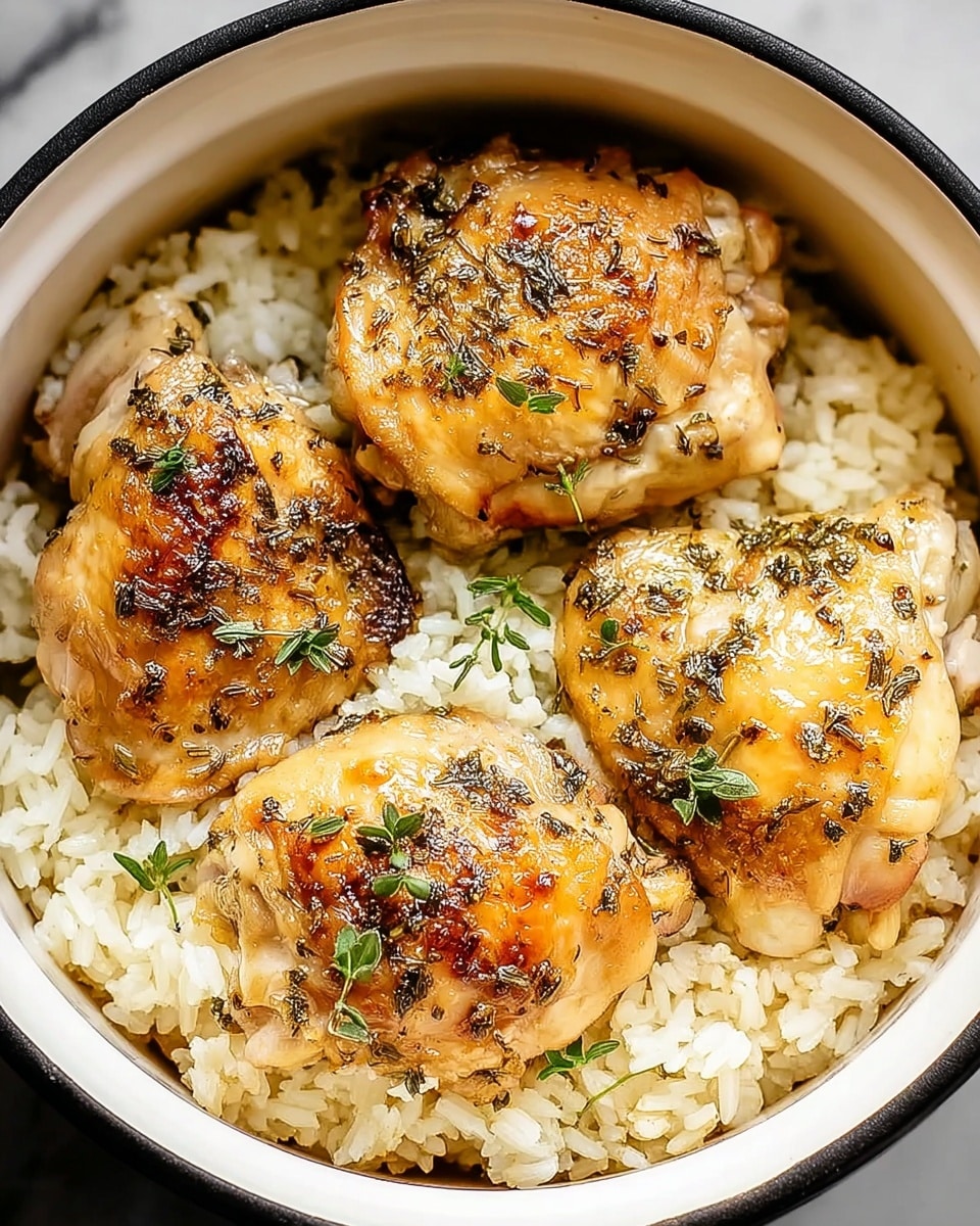 A white round pot contains three pieces of cooked chicken thighs placed on top of a layer of cooked white rice. The chicken pieces are golden brown with slight charring and garnished with small green herb leaves. The rice underneath looks moist and fluffy, filling the pot evenly around the chicken. The pot has a black rim and the image background is a white marbled texture. photo taken with an iphone --ar 4:5 --v 7