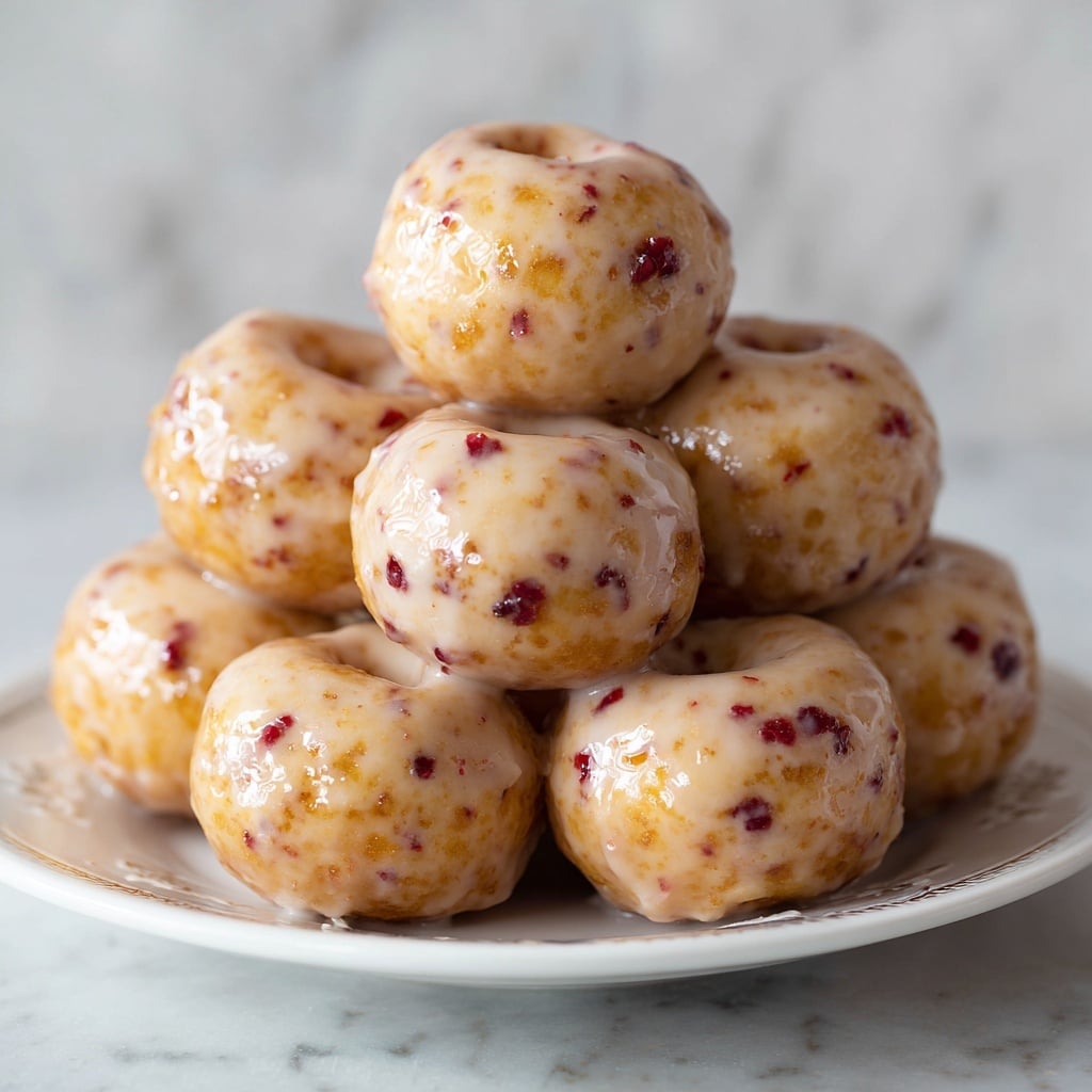 The image shows three light pink rounded dough balls with red specks, floating in a pool of smooth white liquid in a shallow white bowl with a patterned rim, all set on a white marbled surface; above this, there is an out-of-focus shot of the same dough balls resting on a black wire cooling rack, with a slightly shiny glaze and the red specks standing out against their soft pink color, the background softly blurred with more dough balls visible photo taken with an iphone --ar 4:5 --v 7