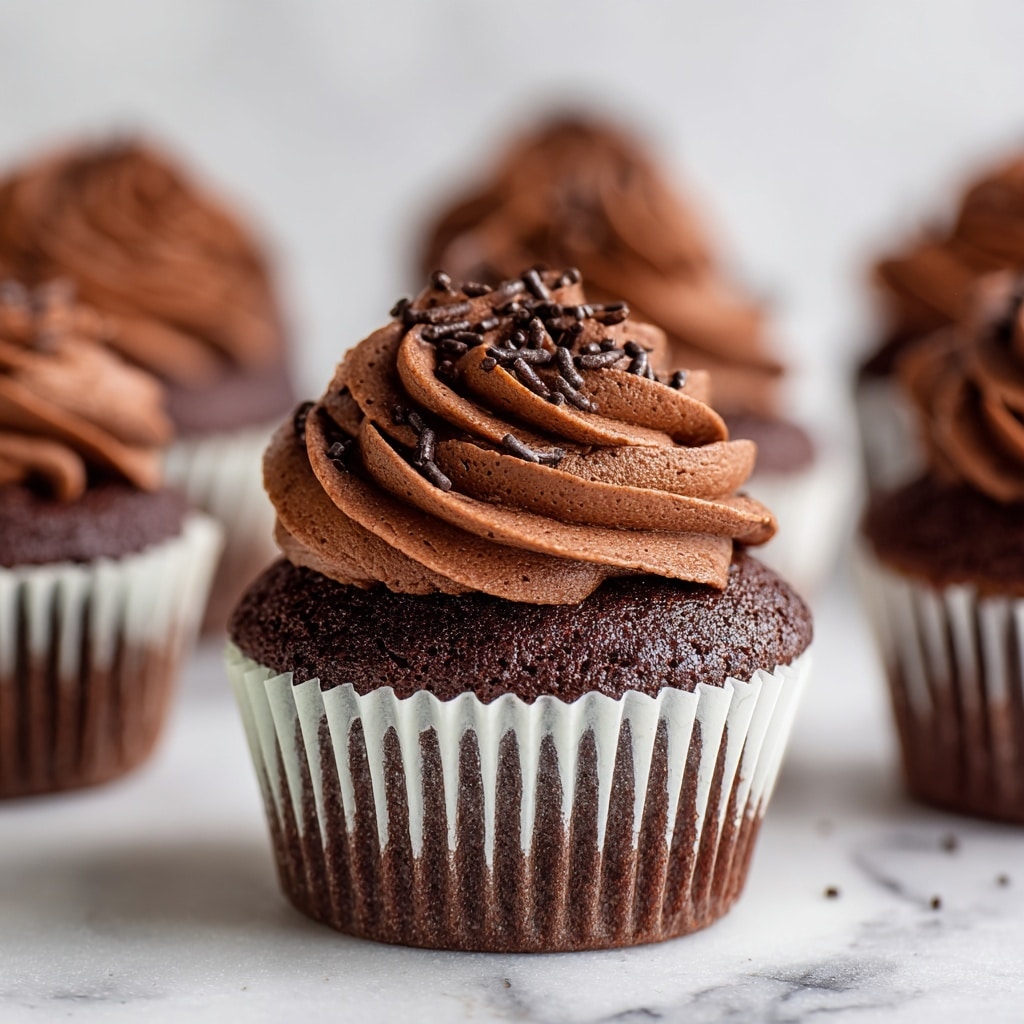 The image shows a close-up view of several chocolate cupcakes arranged on a white marbled surface, with one cupcake in clear focus at the center. Each cupcake has a dark brown, moist cake base wrapped in a white paper liner, topped with a thick swirl of smooth, rich chocolate frosting. The frosting is piped in layers that curl upwards, and dark chocolate sprinkles are scattered on top, adding a slight texture contrast. The cupcakes in the background are softly blurred, creating depth and drawing attention to the single sharp cupcake in the front. photo taken with an iphone --ar 4:5 --v 7