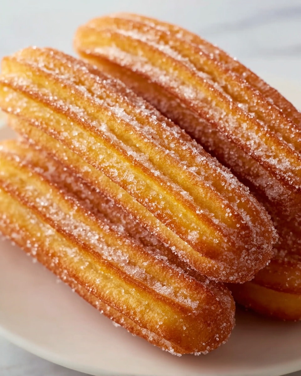A close-up view of a white plate filled with about ten golden-brown churros covered in a sparkling layer of sugar. The churros have a ridged texture and are stacked on top of each other, filling the plate. In the blurred background, there is a white bowl partially visible on the left and a black bowl with light brown dipping sauce on the right. The whole scene is set on a white marbled surface. photo taken with an iphone --ar 4:5 --v 7