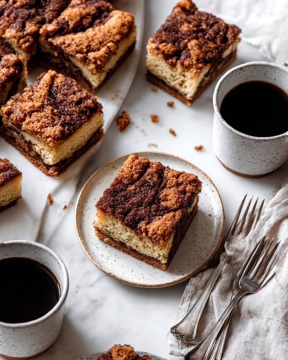 The image shows several square pieces of cinnamon swirl coffee cake with a crumbly, dark brown cinnamon sugar layer on top and a light golden cake layer underneath. The squares are placed on a white marbled surface, with a few crumbs scattered around. One piece sits on a small white plate with a rustic look, while two cups of black coffee in white cups with handles are nearby. Two silver forks rest next to one cup, and a light-colored cloth is visible in the top right corner. The scene gives a cozy and warm feeling. photo taken with an iphone --ar 4:5 --v 7