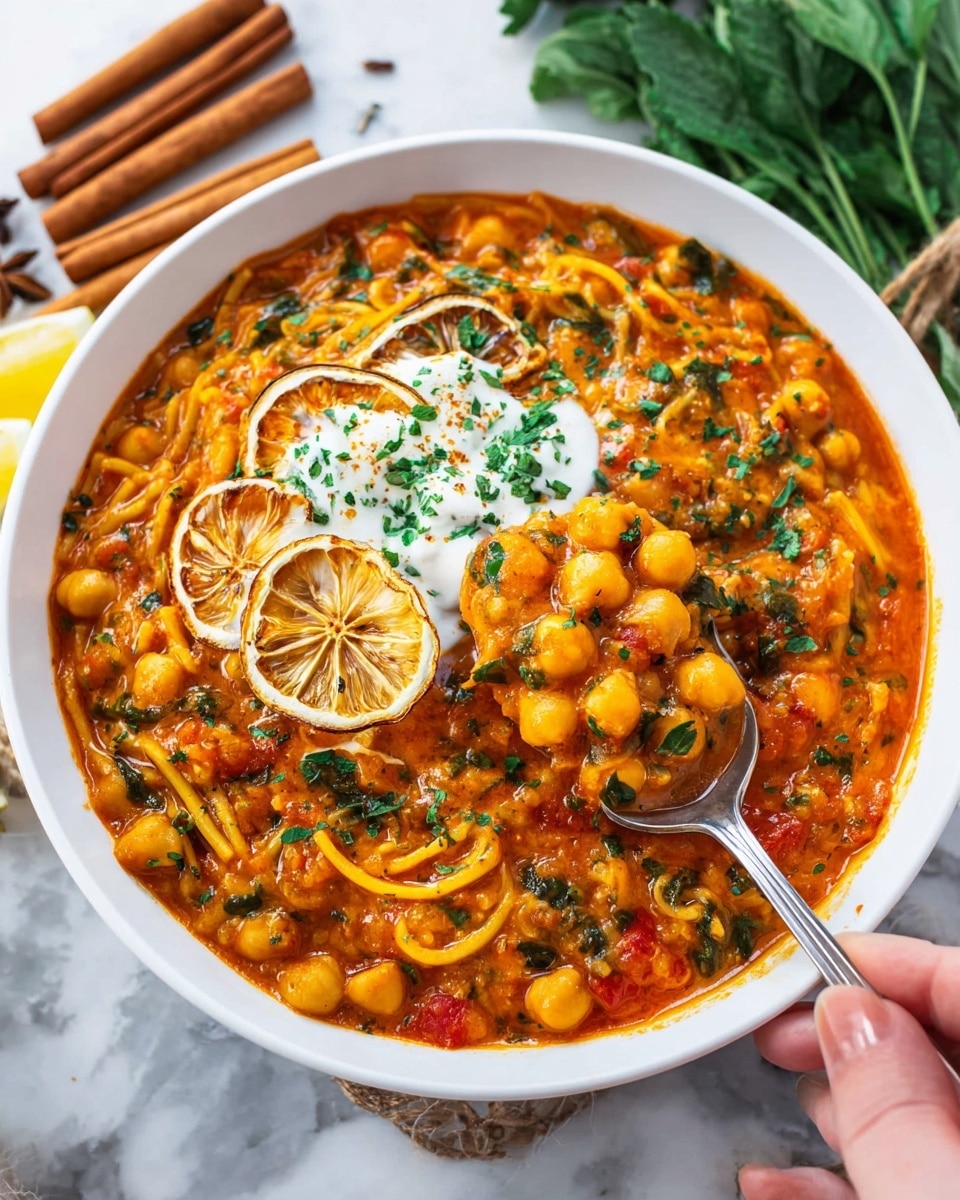 A white bowl filled with a thick, orange-red stew that has visible chickpeas, red tomato pieces, green herbs, and yellow noodles mixed in, with a dollop of white cream or yogurt topped with chopped green herbs and two thin, dried lemon slices near the center. A woman's hand is holding a silver spoon scooping up a chunky spoonful of the stew. The bowl sits on a white marbled surface next to dried lemon slices, cinnamon sticks, and a bundle of fresh green herbs in the background. photo taken with an iphone --ar 4:5 --v 7