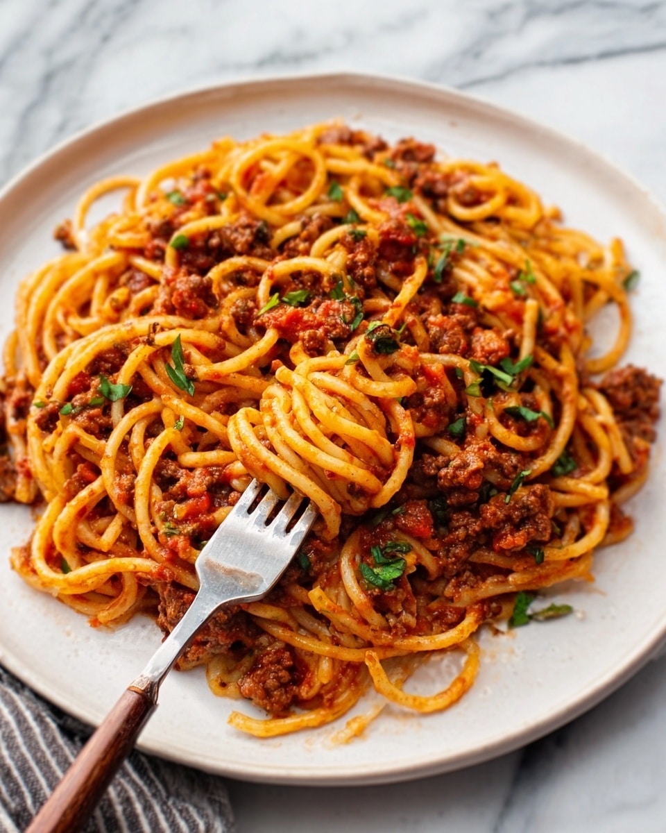 A white plate filled with a single layer of spaghetti pasta tossed in red tomato sauce with visible pieces of ground meat and herbs mixed evenly throughout. The pasta is saucy and slightly glossy, with a fork placed on the left side of the plate, its prongs stuck into the noodles. Small green herb pieces are sprinkled on top as garnish. The plate sits on a white marbled surface. Photo taken with an iphone --ar 4:5 --v 7