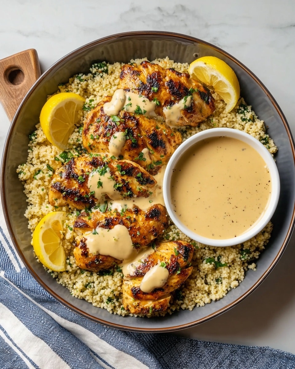 The dish is served in a deep white bowl with a dark rim. It has two main layers: a base layer of light beige couscous filling half of the bowl with a grainy texture, and on top, there are five grilled chicken pieces with a golden-brown and charred surface, drizzled with a creamy beige sauce covering parts of the chicken and pooling slightly underneath. Two lemon halves with a bright yellow color are placed on either side of the chicken. A small white bowl containing extra creamy sauce is placed inside the main bowl on the right side. The bowl rests on a white marbled surface with a cloth napkin featuring blue stripes partially visible on the left side. Photo taken with an iphone --ar 4:5 --v 7