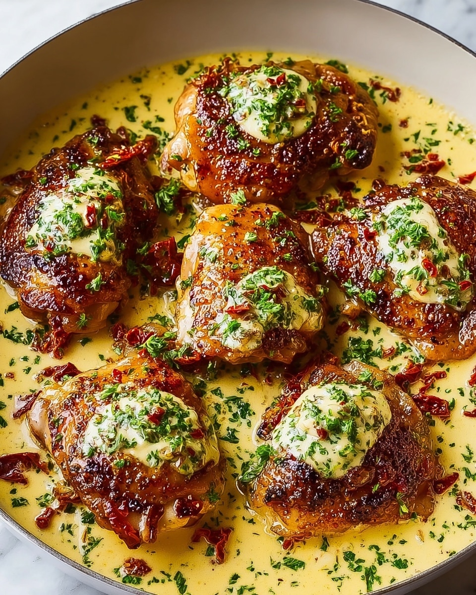 The image shows six golden-brown chicken thighs each topped with a creamy light beige sauce, sprinkled with finely chopped green herbs and small pieces of red sun-dried tomatoes. The chicken sits immersed in a thick, creamy sauce that covers the bottom of a pan. The skin on the chicken looks crispy with a slightly charred texture, while the sauce has a smooth texture with specks of herbs. The herbs add a fresh green contrast and the sun-dried tomatoes add a touch of deep red color scattered on and around the chicken. The overall colors are warm with golden, cream, green, and red tones. The dish is presented in a pan placed on a white marbled surface. photo taken with an iphone --ar 4:5 --v 7
