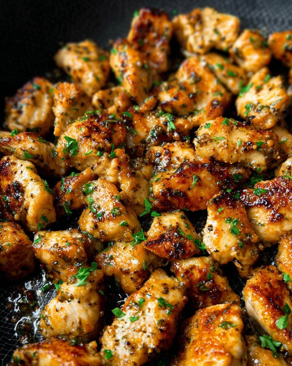 The image shows many small pieces of cooked chicken in a black pan, each piece golden brown with a crispy texture and some charred spots. The chicken is sprinkled with chopped green herbs, adding a fresh color contrast. A wooden spatula is partially visible on the right side, resting among the chicken pieces, showing the glossy, slightly oily surface of the pan. The overall look is warm and appetizing with a close-up focus on the chicken's texture. photo taken with an iphone --ar 4:5 --v 7