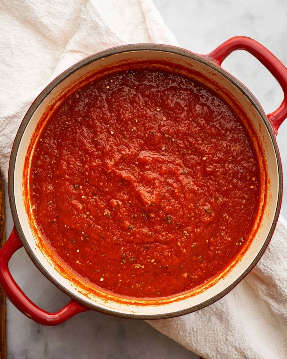 A close-up view of a thick, rich red tomato sauce filling a large round pot with bright red handles, the sauce has a smooth, slightly chunky texture with visible specks of herbs and spices. The sauce is spread evenly inside the pot, with some sauce lightly splattered near the top rim. The pot sits on a wooden surface with some cloth visible nearby, against a white marbled background. photo taken with an iphone --ar 4:5 --v 7