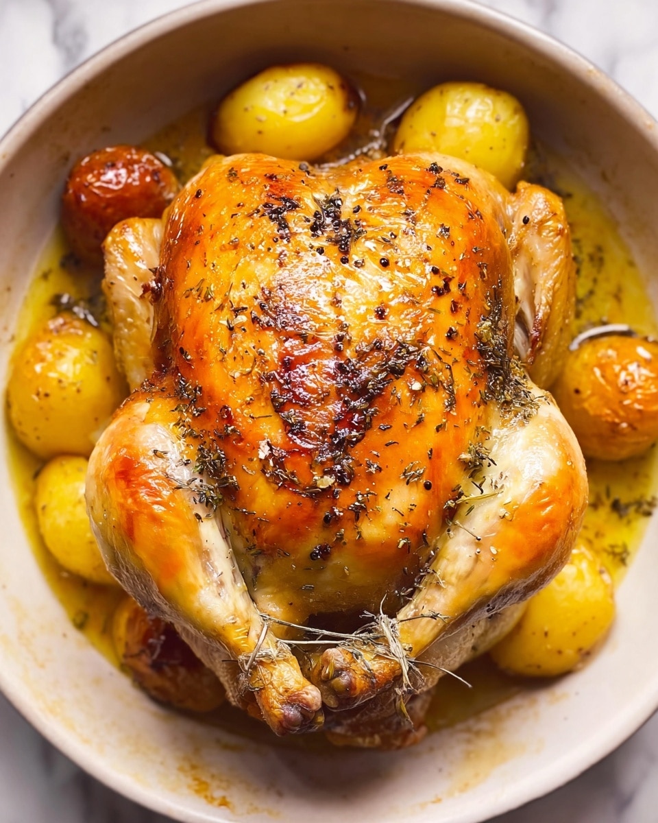 A whole roasted chicken is centered in a white bowl, with crispy golden-brown skin sprinkled with black pepper and herbs, showing a shiny and slightly oily texture. The chicken has two wings tucked close to its side and legs tied together at the bottom with string. Around the chicken, several small golden-yellow roasted potatoes rest in a shallow pool of olive oil that glistens softly. The bowl is placed on a white marbled surface. photo taken with an iphone --ar 4:5 --v 7